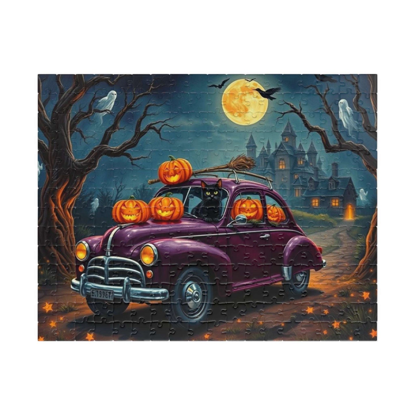 Halloween-Themed Vintage Car Jigsaw Puzzle with Cats, Ghosts and Pumpkins