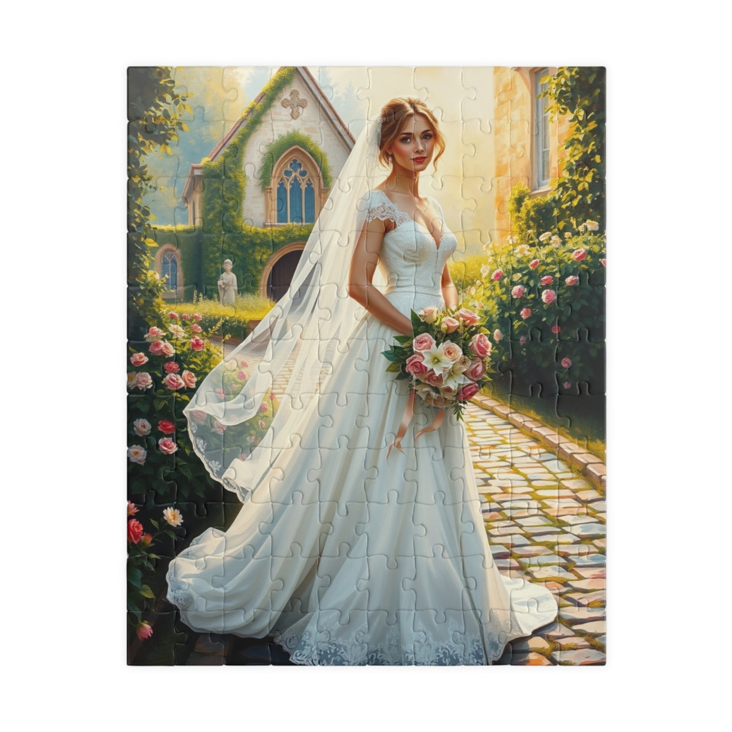 Elegant Italian Bride Jigsaw Puzzle, White Gown Rose and Lily Bouquet, Tuscan Chapel Romantic Wedding, Unique Puzzle Enthusiast Gift Hobby 110 pcs (Vertical) Puzzle The Puzzle Chest