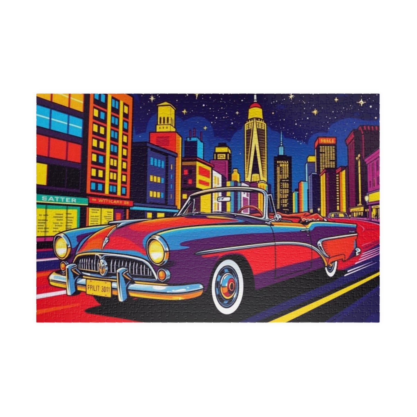 Classic Car Puzzle - Pop Art Jigsaw Game, Retro City Night Scene 1014 pcs (Horizontal) Puzzle The Puzzle Chest
