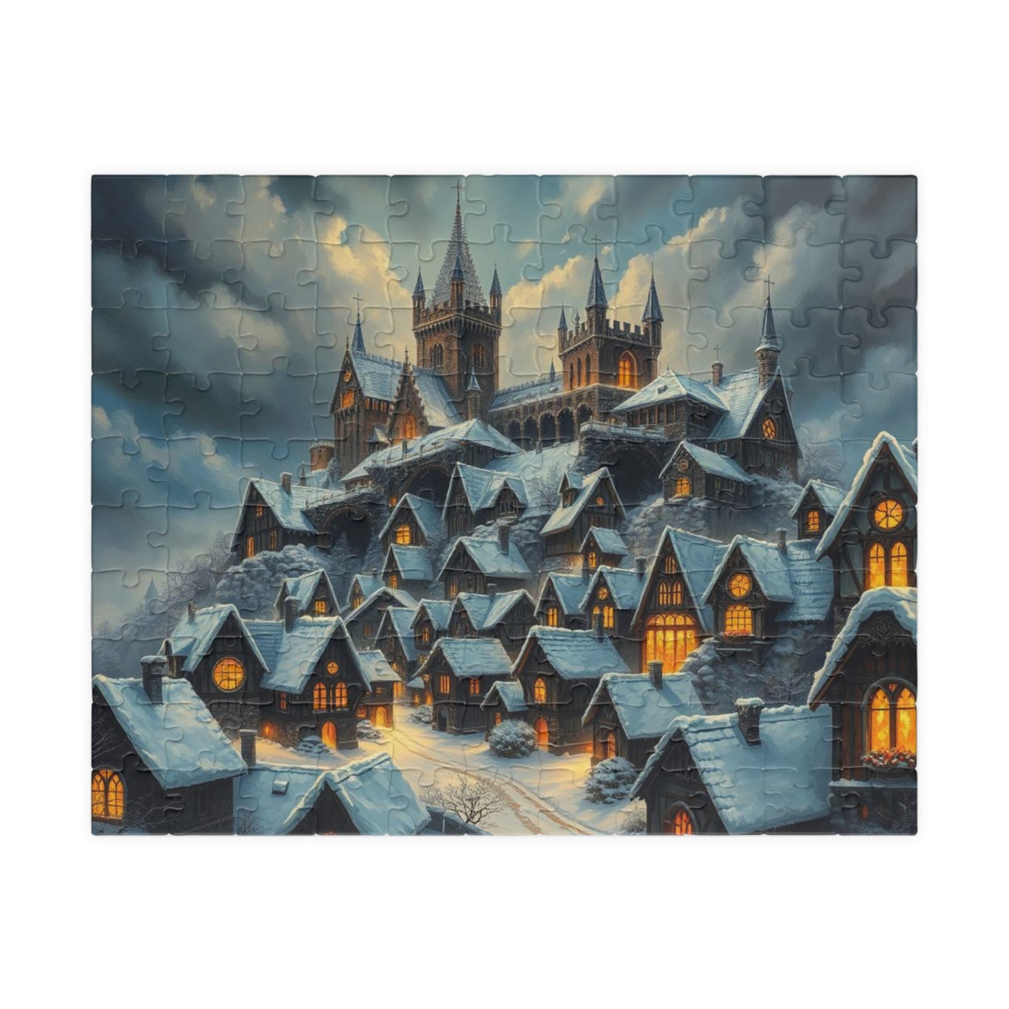 Gothic Hearths Winter Village Jigsaw Puzzle, Gothic Art Print of Enchanting Winter Castle, Puzzle Lover Gift for Dark Fantasy Enthusiasts 110 pcs (Horizontal) Puzzle The Puzzle Chest