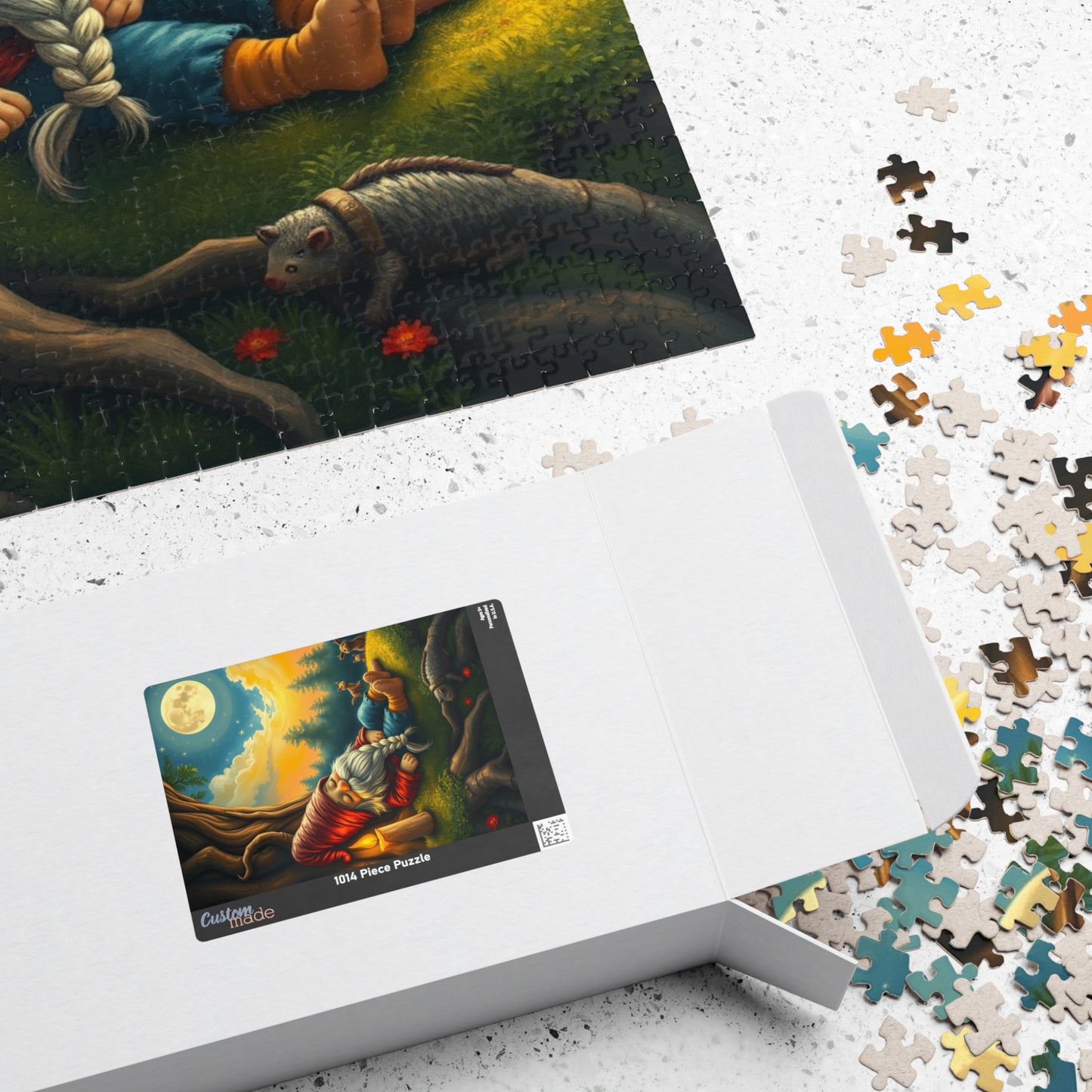 Slumbering Gnome Under the Moonlight Puzzle, Sleepy Gnome Night Scene Animals and Starry Sky, Fantasy Jigsaw Game, Mindful Puzzle Lover Gift Puzzle The Puzzle Chest