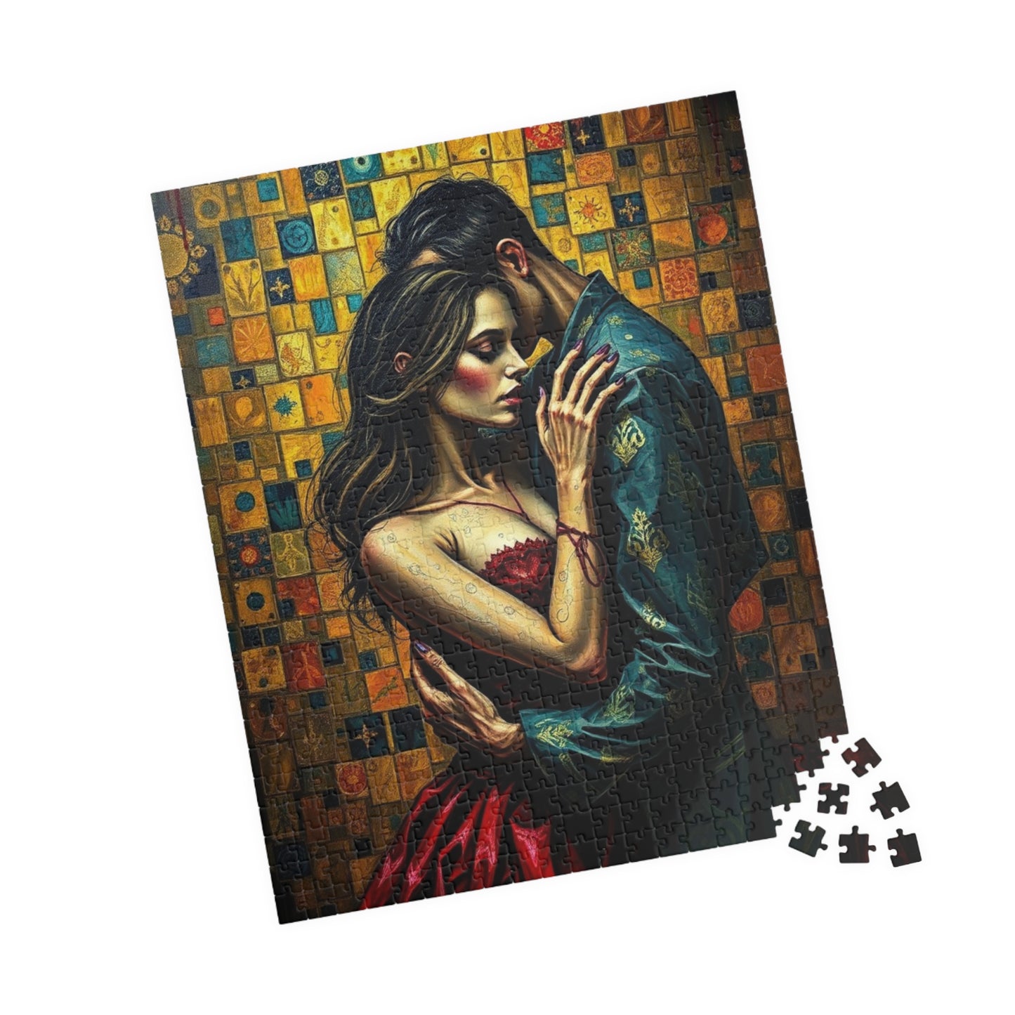 Romantic Embrace Gothic Jigsaw Puzzle, Eerie Couple Hugging Golden Jewel-Toned Patterns, Stress Relief, Unique Dark Art Puzzle Lover Gift Puzzle The Puzzle Chest