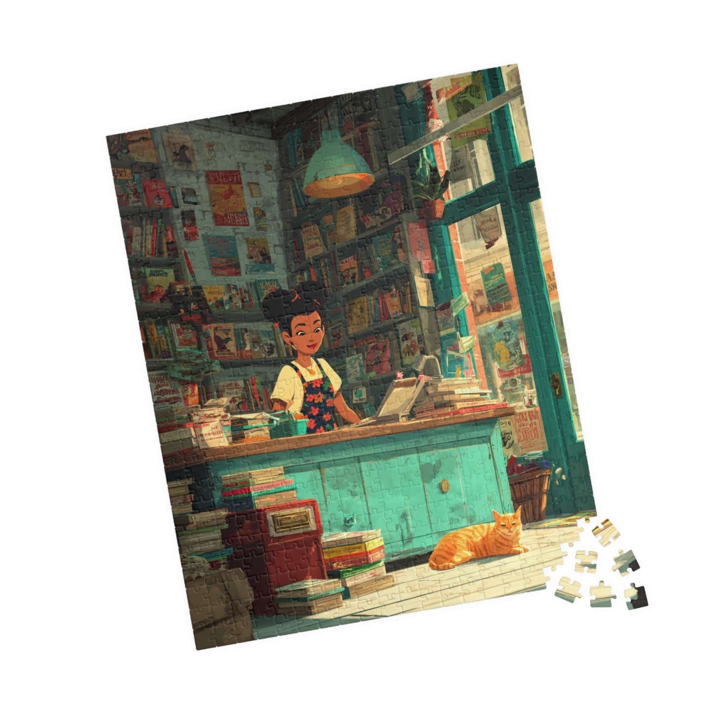 The Bookstore Cat - Whimsical Cartoon Cozy Bookshop Jigsaw Puzzle, Family Activity, Cat Lovers Gift, Perfect for Game Night 520 pcs (Vertical) Puzzle The Puzzle Chest