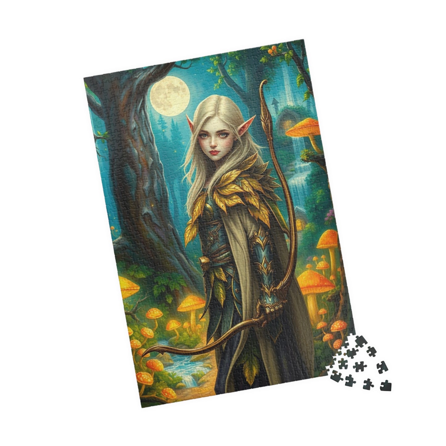 Elf Warrior Enchanted Forest Puzzle, Mystical Scene Glowing Mushrooms Moonlit Waterfalls, Fantasy Art Lover, Best Gift for Puzzle Enthusiast Puzzle The Puzzle Chest