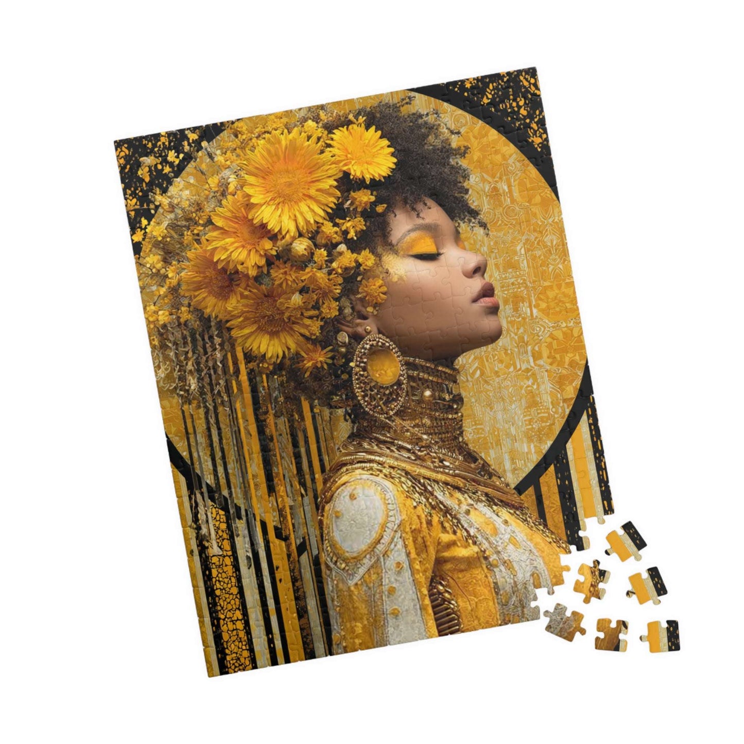 Elegant Afrocentric Jigsaw Puzzle - Melanin African American Queen in Gold Jewelry and Flower Crown 252 pcs (Vertical) Puzzle The Puzzle Chest