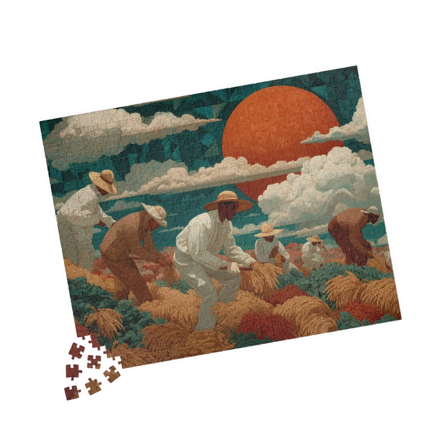 Afrocentric Black Art Jigsaw Puzzle - Sharecroppers in Golden Fields with Quilt-Pattern Sky 520 pcs (Horizontal) Puzzle The Puzzle Chest