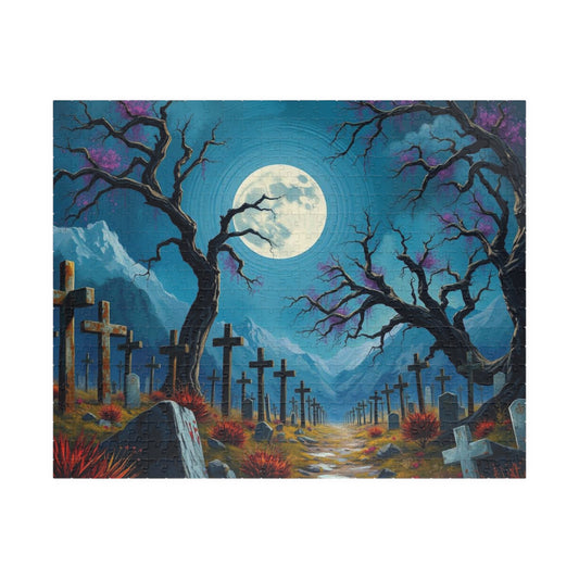 Moonlit Crosses Jigsaw Puzzle - Abandoned Cemetery, Gothic Art Print, Gothic Landscape, Spooky Graveyard Puzzle Lover Dark Fantasy Gift Idea 520 pcs (Horizontal) Puzzle The Puzzle Chest
