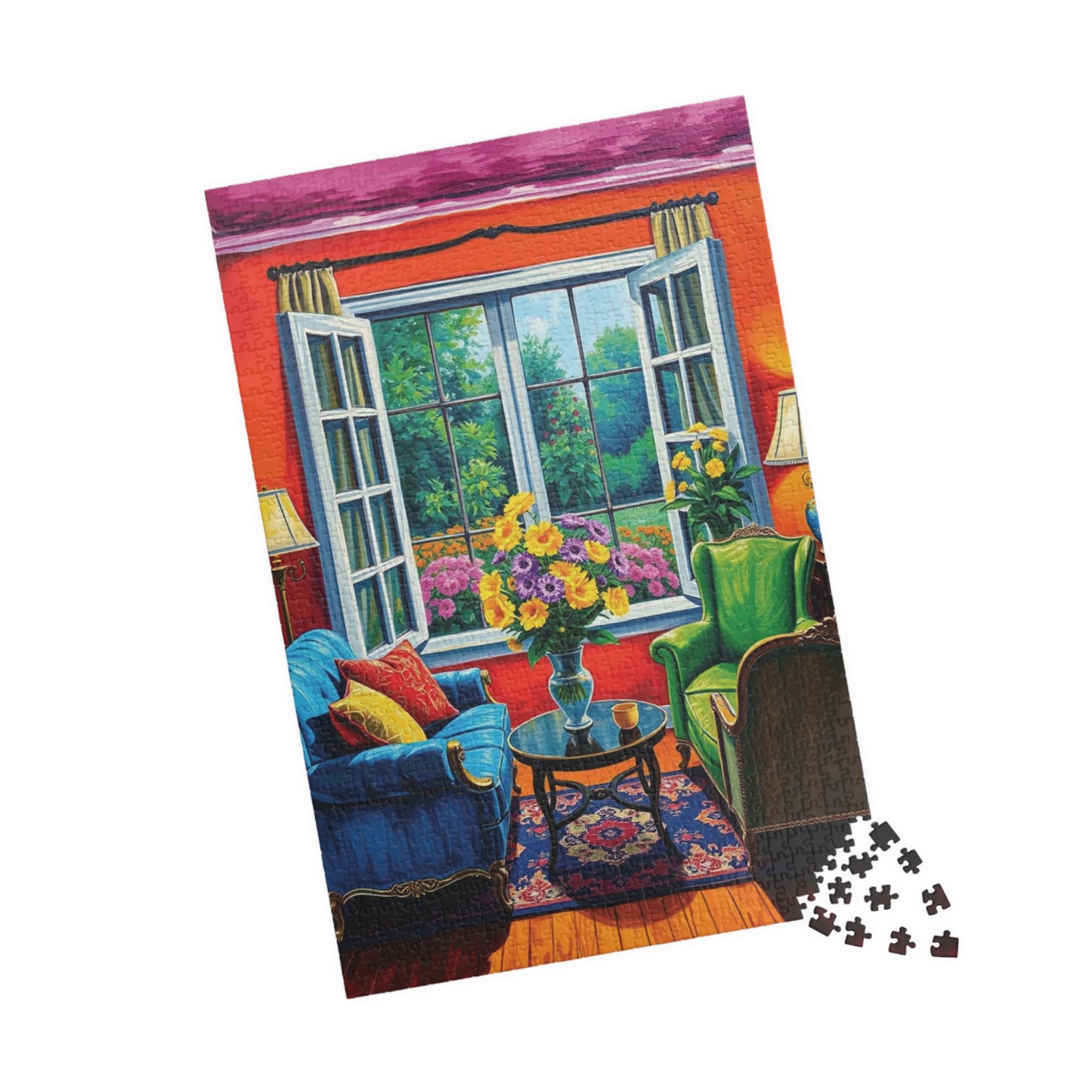 Jigsaw Puzzle, Vibrant Living Room Scene 110 252 520 1014-Piece, Red Orange Blue Green Yellow Purple Floral Wall Art Decor Game Toy, Gift Puzzle The Puzzle Chest