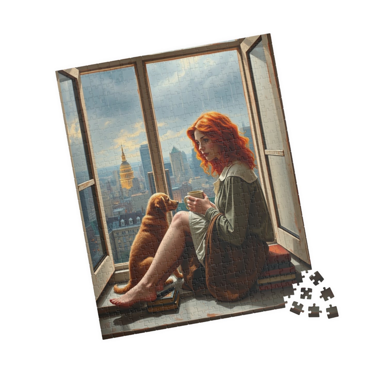 Jigsaw Puzzle, Woman Sitting on Windowsill with Red Hair, Books, Dog, Cityscape, Rainy Sky, 110, 252, 520, 1014-Piece - Relaxing Indoor Puzzle The Puzzle Chest