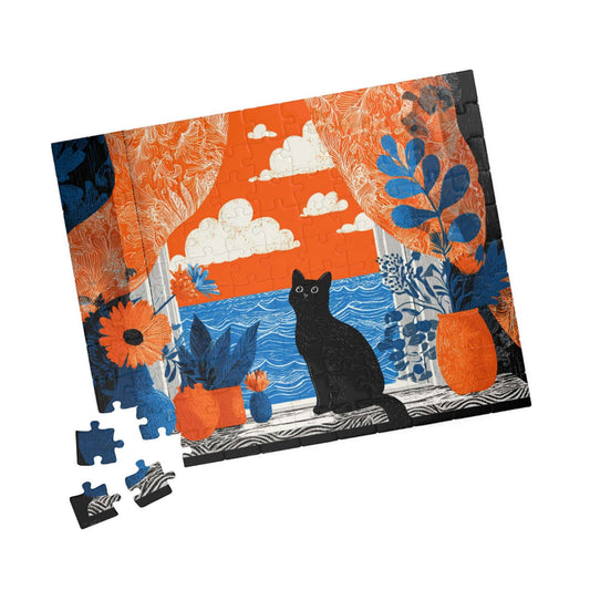 Black Cat by the Open Window β Fauvist Interior Cat Jigsaw Puzzle, Animal Theme Seaside Art Puzzle, Matisse-Inspired 110 pcs (Horizontal) Puzzle The Puzzle Chest