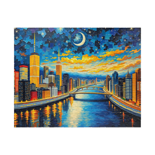 Vibrant City at Night Mosaic Puzzle, Illuminated Skyscraper View, Bustling Urban City Lights Nightscape Jigsaw Game, Fun Family Game Night 252 pcs (Horizontal) Puzzle The Puzzle Chest