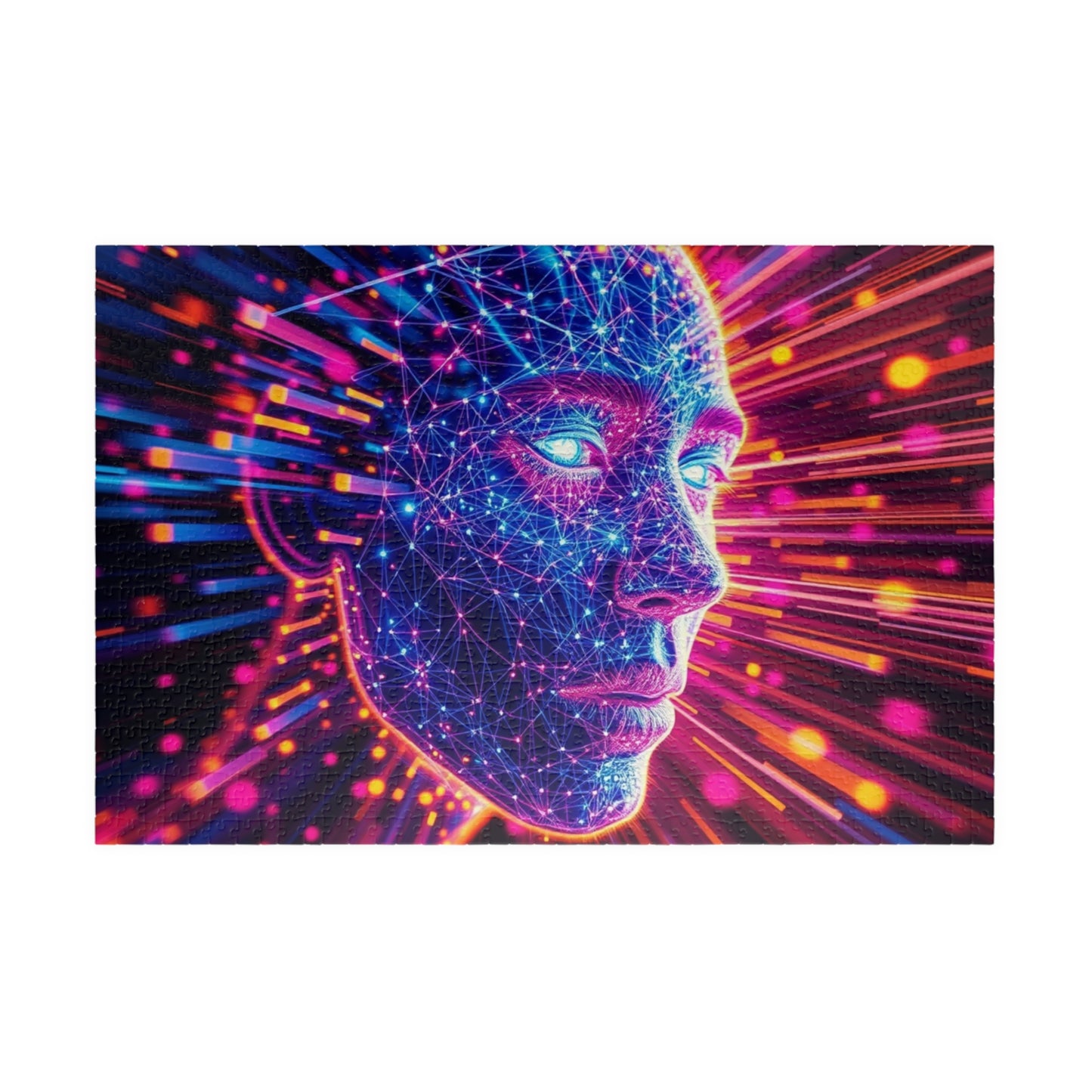 Abstract Human Face Jigsaw Puzzle, Colorful Glowing Electric Lines and Dots Design, Unique Gift for Bold Modern Art Lover Collector Hobbyist 1014 pcs (Horizontal) Puzzle The Puzzle Chest