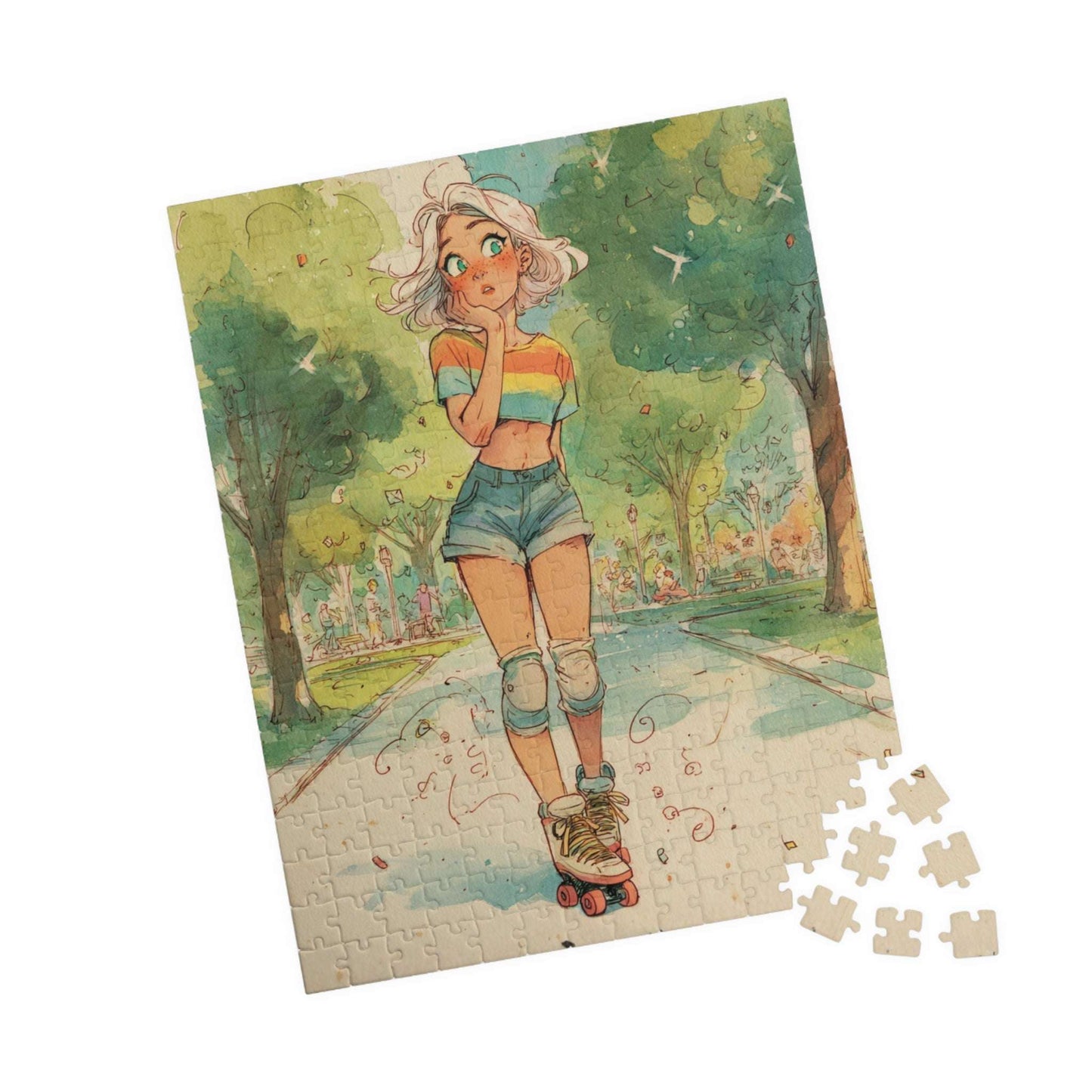 Funny Roller Skating Cartoon Puzzle for Teens and Adults – Woman Skating Summer Park Scene, Whimsical Watercolor Style 252 pcs (Vertical) Puzzle The Puzzle Chest