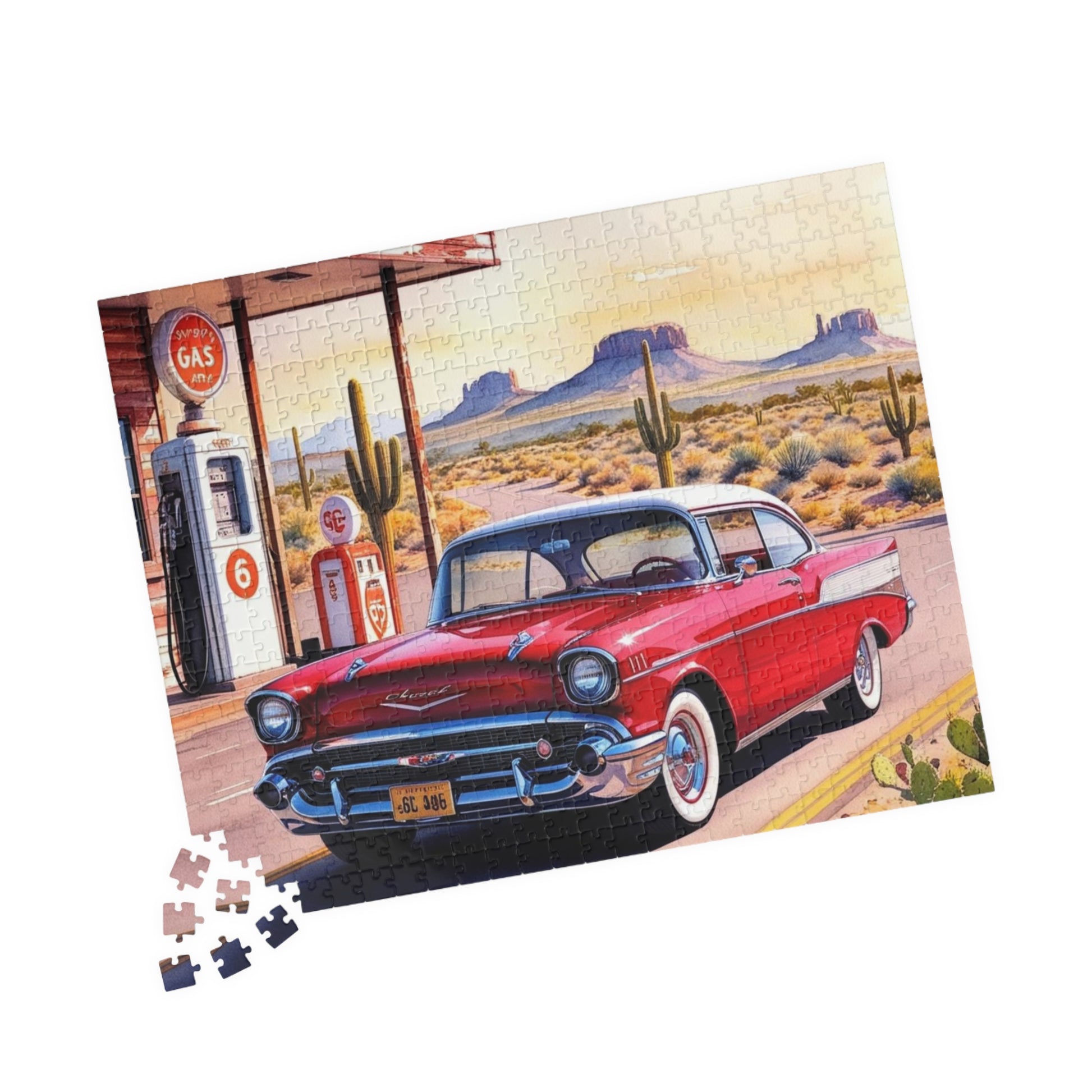 Vintage Vehicle Puzzle, 1957 Bel Air on Route 66 Retro Gas Station Desert Landscape Scenery Puzzle The Puzzle Chest