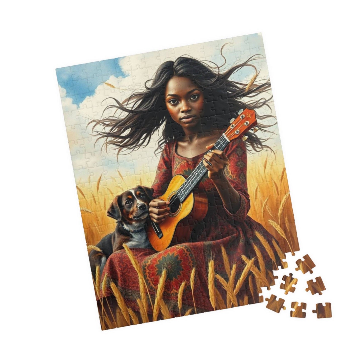 Wheat Field Ukulele Serenade Jigsaw Puzzle - Black Woman Art, Afrocentric Art, African American Musician 252 pcs (Vertical) Puzzle The Puzzle Chest