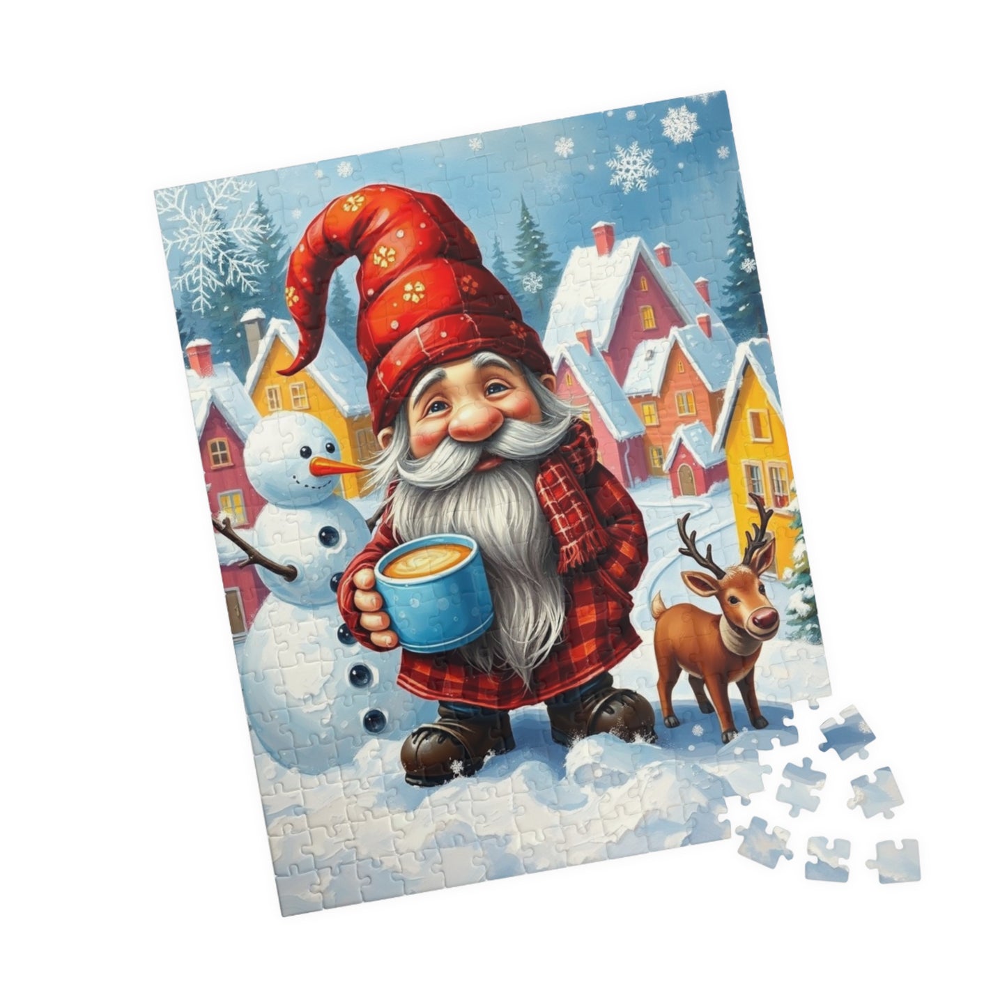 Charming Winter Gnome Puzzle, Reindeer Snowman and Hot Cocoa Holiday Fun, Snowy Village Scene Jigsaw Game, Puzzle Lover Gift, Mindfulness Puzzle The Puzzle Chest
