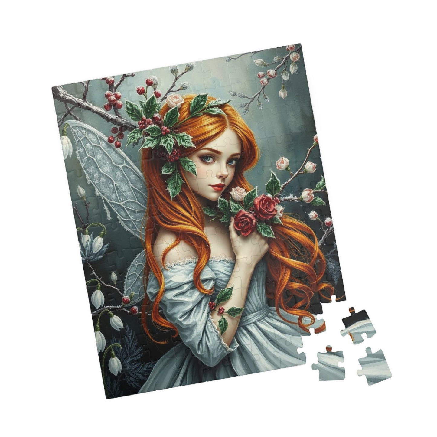 Winter Fairy-Themed Puzzle - Copper Hair, Silvery Gown and Icy Floral Art, 110-1014 Piece Gift for Puzzle Lover, Perfect for Holidays