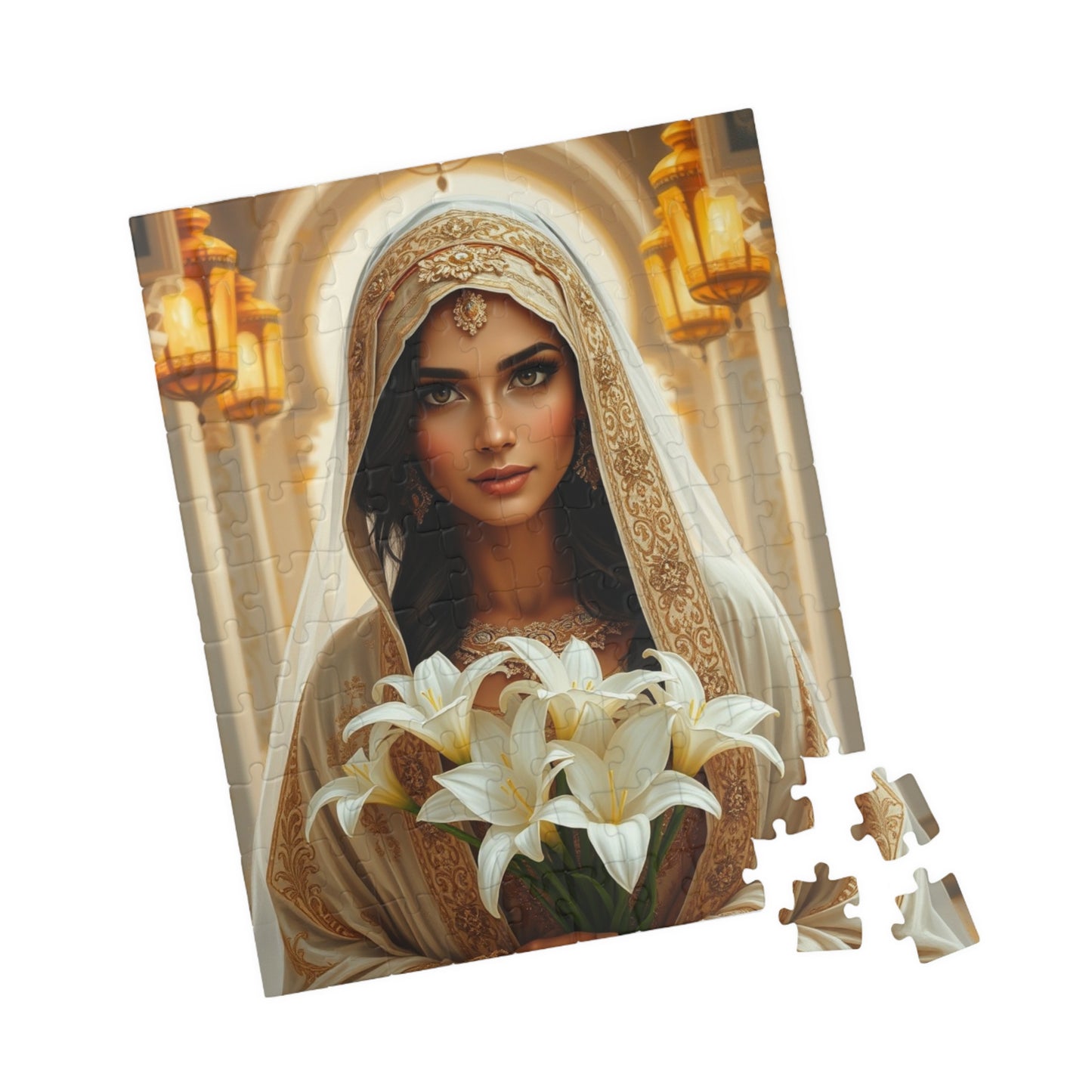 Middle Eastern Bride Puzzle with Gold Ivory Kaftan and Lanterns, Family Friendly Wedding Jigsaw Game, Mindful Activity, Puzzle Lover Gift Puzzle The Puzzle Chest
