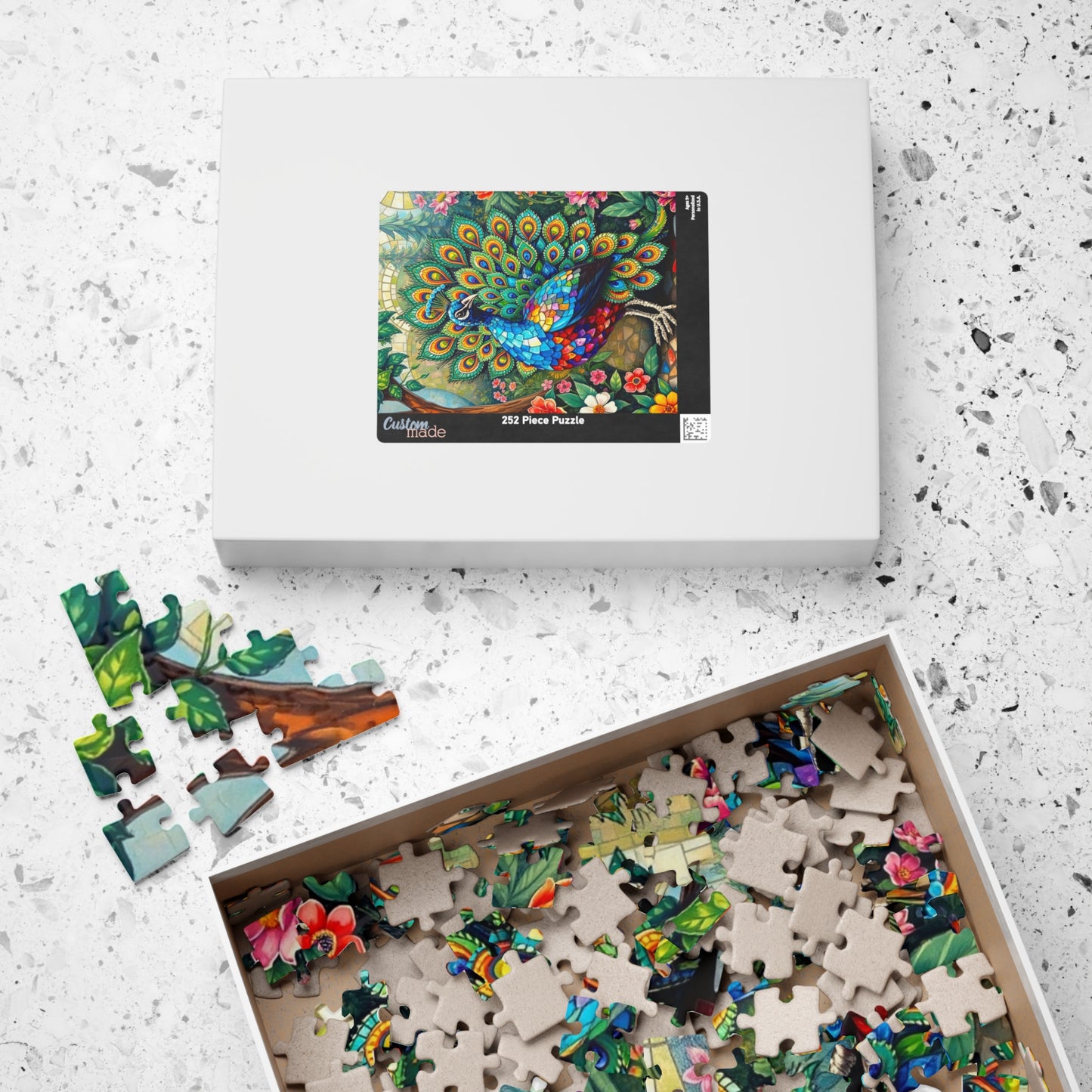 Mosaic Peacock Puzzle, Beautiful Fan-Tailed Bird in a Jewel-Toned Mosaic Art Garden Scene for Adults Teens, Gift for Animal Lover, Mindful Puzzle The Puzzle Chest