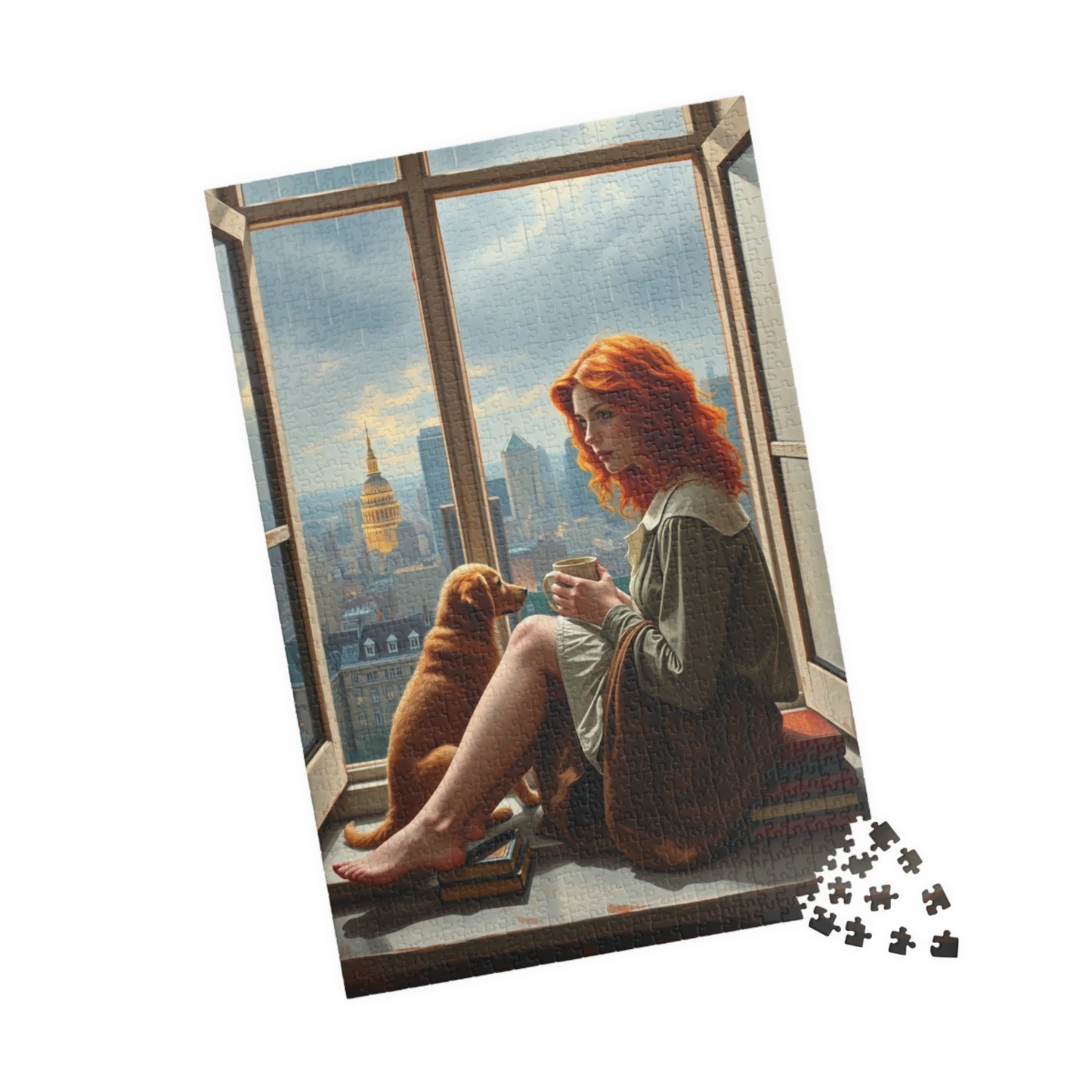 Jigsaw Puzzle, Woman Sitting on Windowsill with Red Hair, Books, Dog, Cityscape, Rainy Sky, 110, 252, 520, 1014-Piece - Relaxing Indoor Puzzle The Puzzle Chest