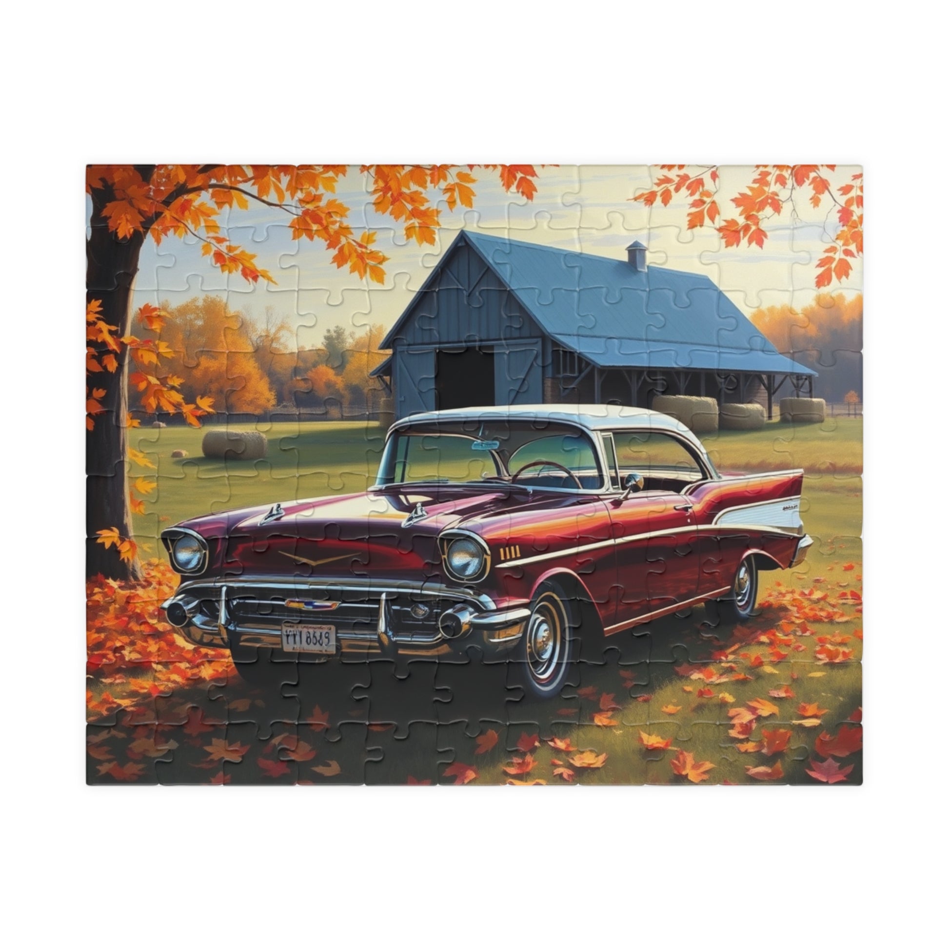 Autumn Vintage Car Puzzle, Nostalgic 1957 Bel Air Jigsaw Game 110 pcs (Horizontal) Puzzle The Puzzle Chest