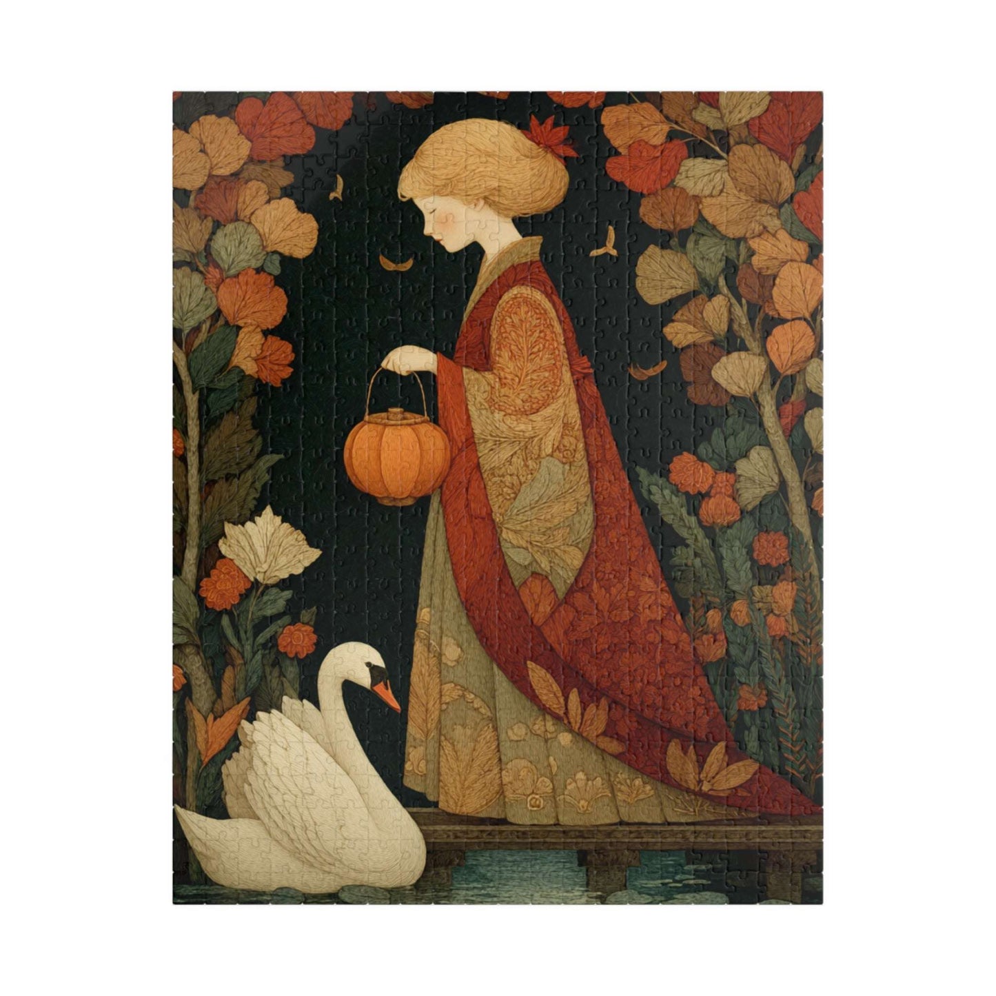 Autumn Bridge Jigsaw Puzzle – Whimsical Fall Fairy-Tale Puzzle for Adults, Girl with Lantern and Swan Puzzle The Puzzle Chest