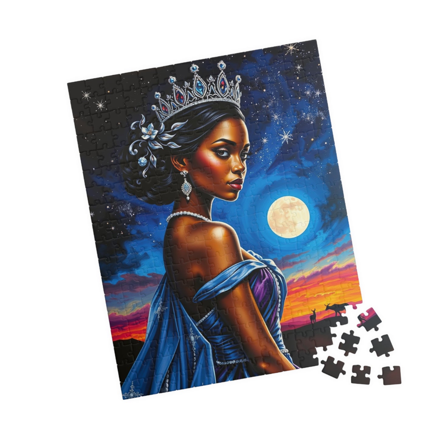 Celestial Themed African Princess Puzzle, Moon Stars Animal Silhouette, Vibrant Blue Afrocentric Game, Mindful Activity, Puzzle Lover Gift Puzzle The Puzzle Chest