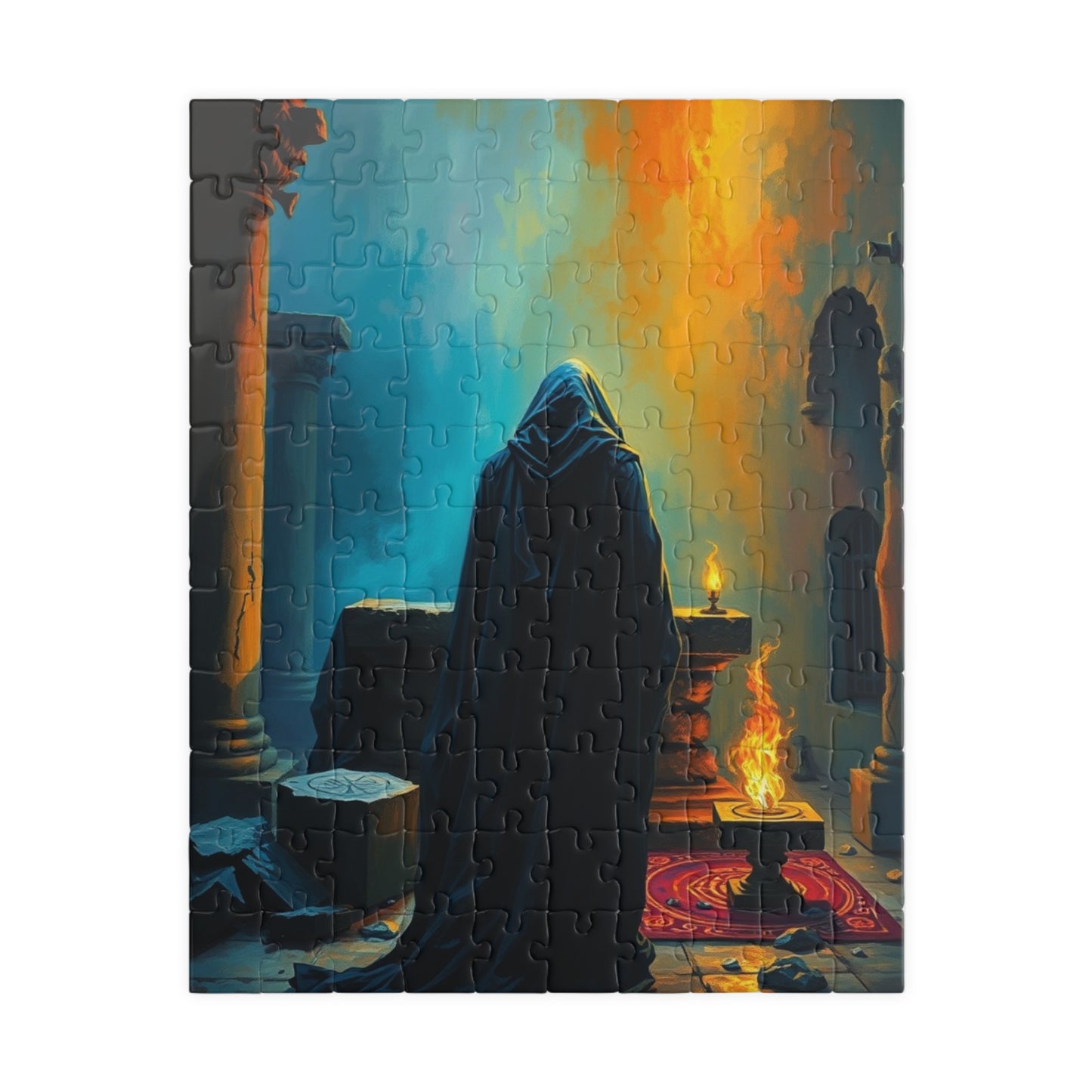 Gothic Jigsaw Puzzle, Dark Shadowy Cloaked Figure Altar Ruined Temple Torchlight Theme, 110 252 520 1014-piece, Wall Art Decor, Lore Gift 110 pcs (Vertical) Puzzle The Puzzle Chest