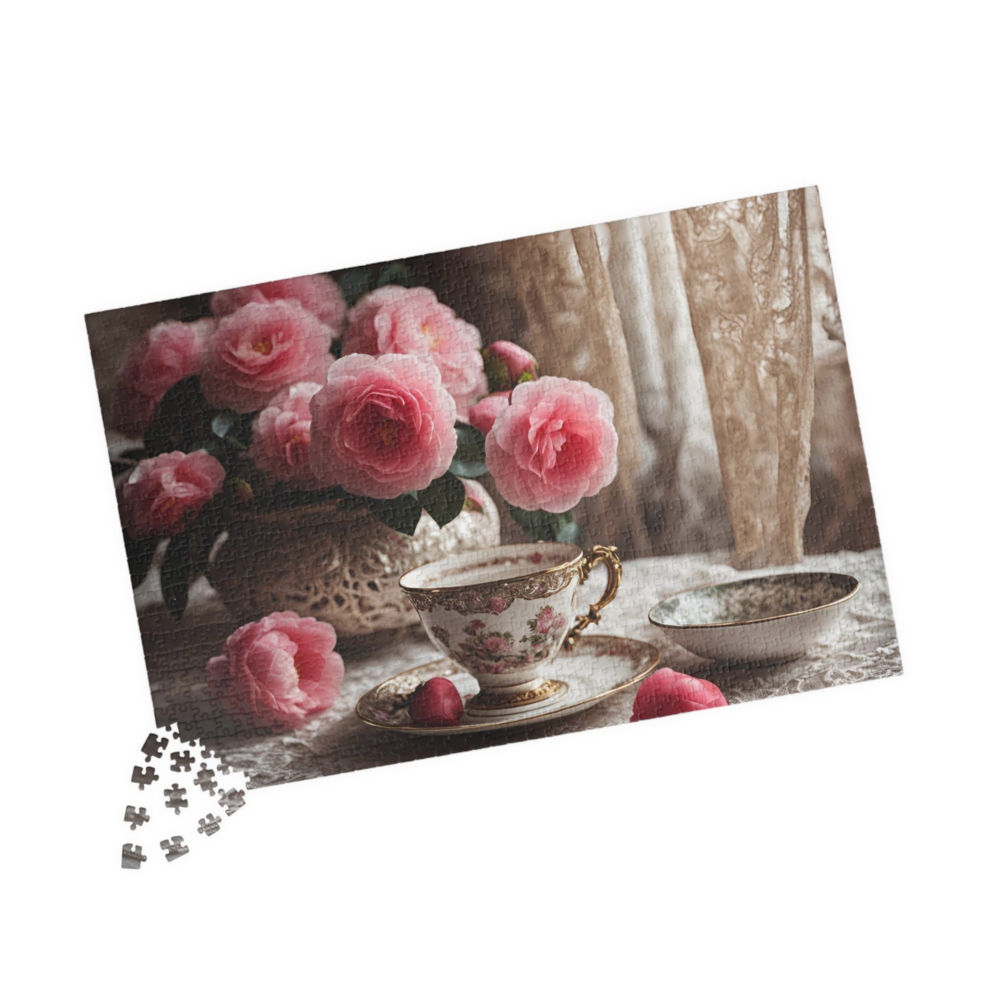 Jigsaw Puzzle, Teatime Vintage Image with Teacup and Carnations, Adult Tabletop Game, Brain Teaser, Creative Pastime, Gift for Puzzle Lover Puzzle The Puzzle Chest