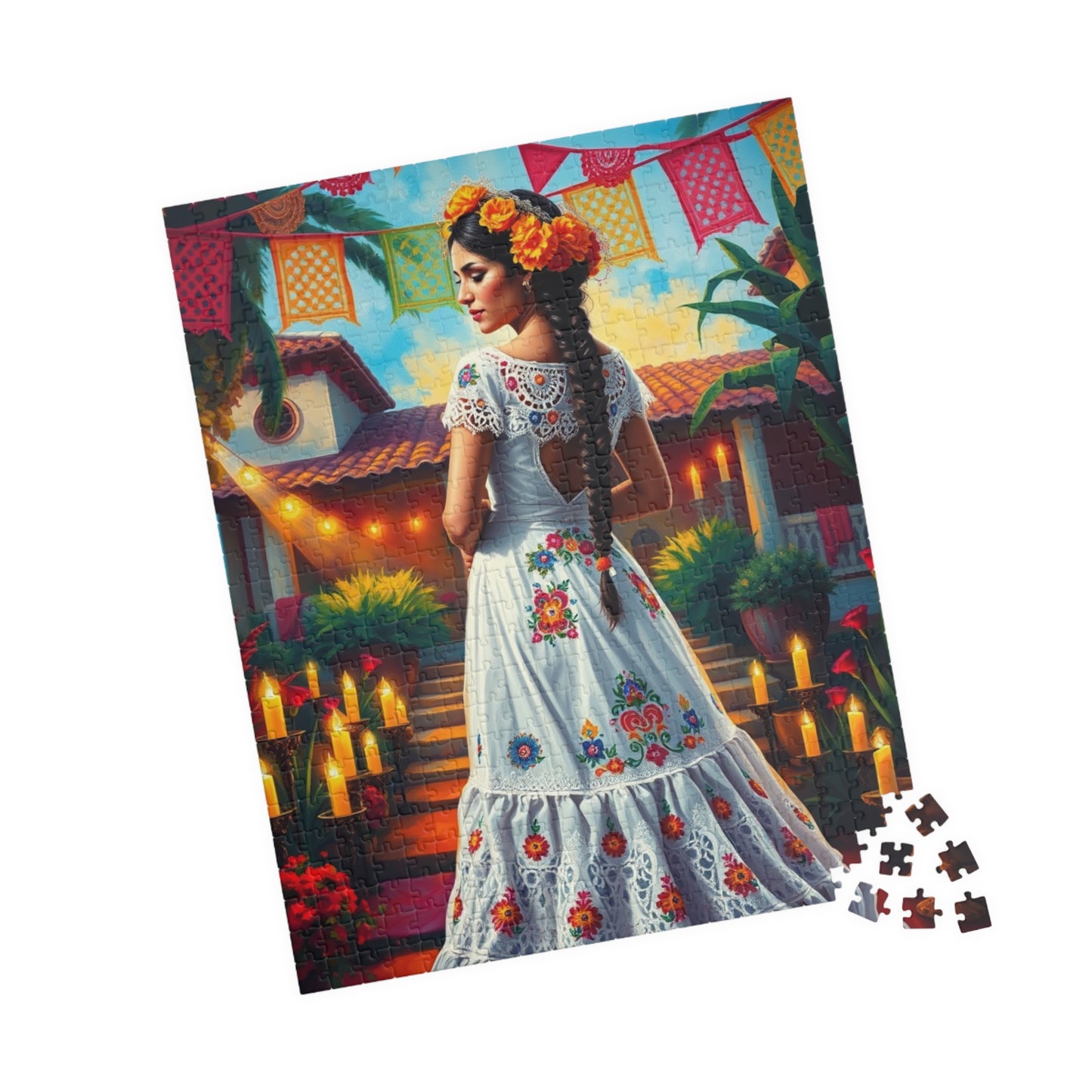 Mexican Bride Jigsaw Puzzle (110-1014 Piece), Lace Gown, Otomi Flowers, Hacienda Candles, Wedding Dress Design, Cultural Artwork Folklore Puzzle The Puzzle Chest