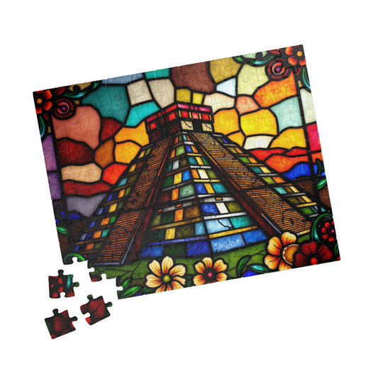 Stained Glass Chichen Itza Pyramid Jigsaw Puzzle, Historic Mayan Famous Landmark, Travel-Inspired Frameable Art Giftable Puzzle 110 pcs (Horizontal) Puzzle The Puzzle Chest