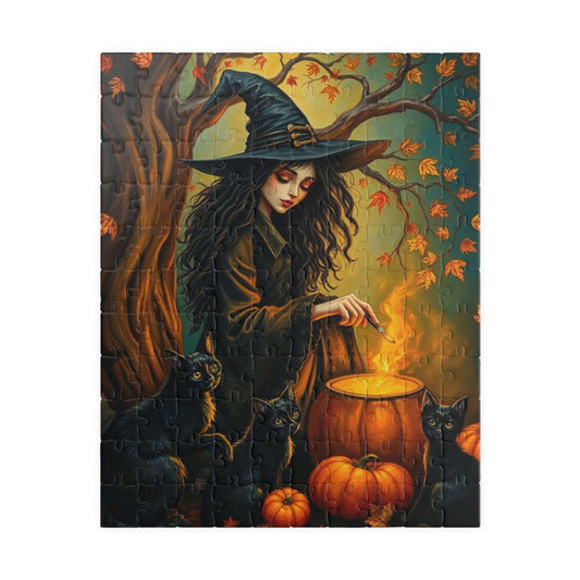 Catspell Cauldron Night Witchy Jigsaw Puzzle, Halloween Scene Perfect for Family Fun, Cozy Nights, Fall Celebrations, Gift for Puzzle Lover 110 pcs (Vertical) Puzzle The Puzzle Chest