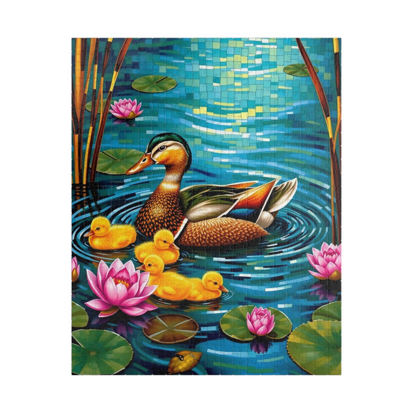 Waterfowl Mosaic Puzzle, Beautiful Mother Duck and Ducklings, Duck Family on a Lotus Pond Nature-Themed Jigsaw Game, Animal Bird Lover Gift 520 pcs (Vertical) Puzzle The Puzzle Chest
