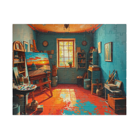 Vibrant Artist Studio Puzzle, Cozy Art Room Jigsaw Game, Creative Painting Scene with Easel and Art Supplies, Unique Gift for Puzzle Lover 110 pcs (Horizontal) Puzzle The Puzzle Chest