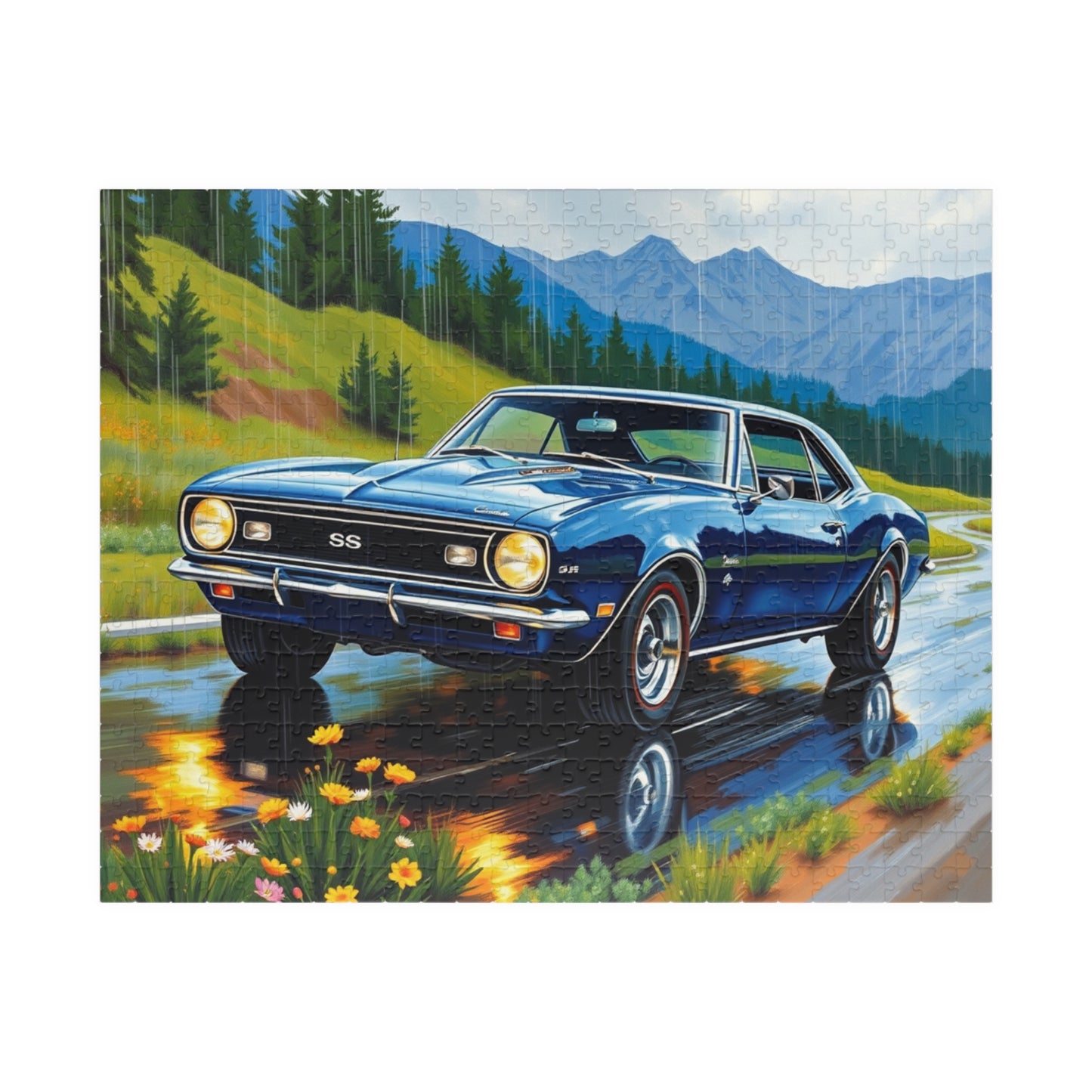 Vintage Muscle Car Jigsaw Puzzle, 1967 Chevrolet Camaro Classic Vehicle, Chevy on Rainy Road Trip Scenic Art, Car Lover Gift for Him 520 pcs (Horizontal) Puzzle The Puzzle Chest