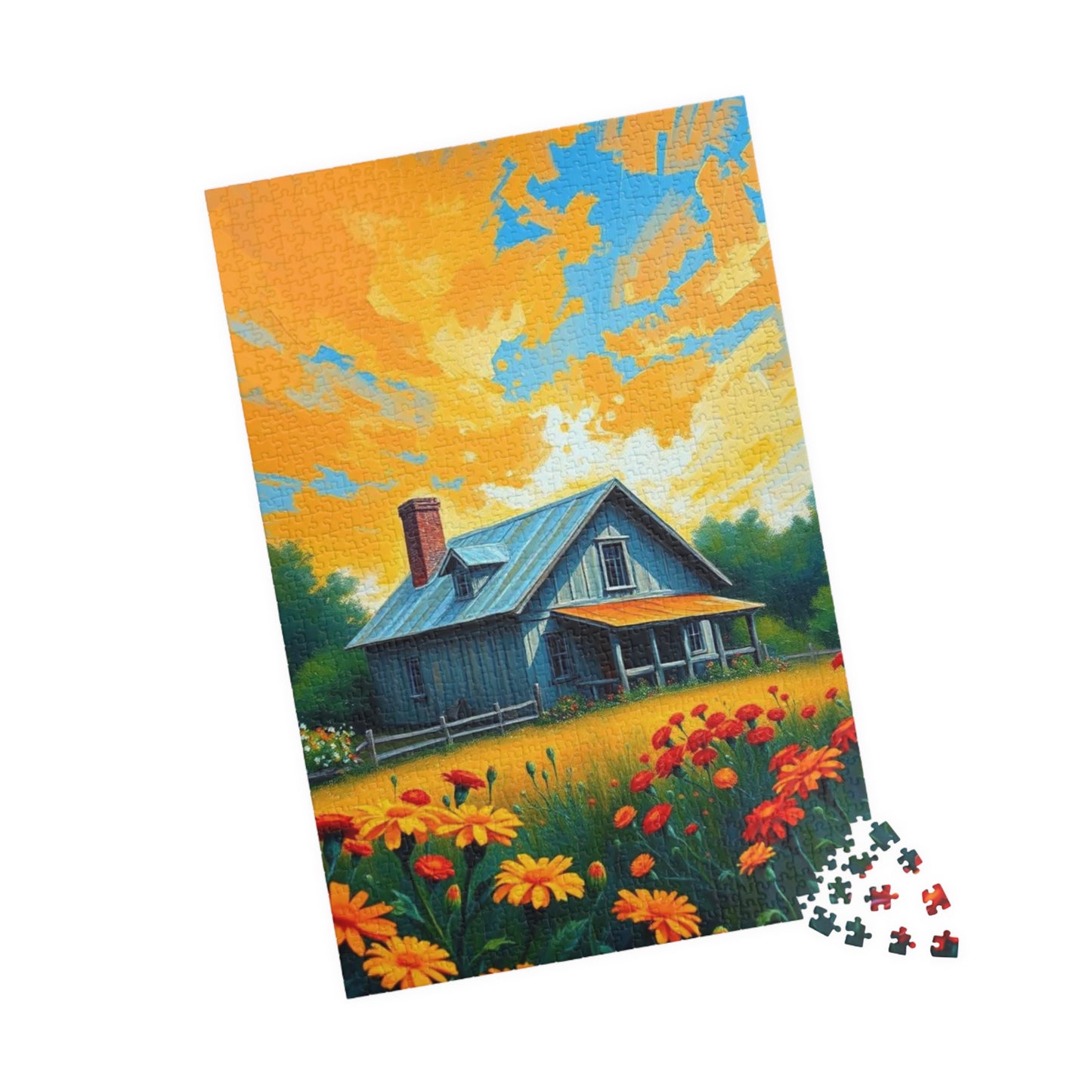 Sunset Bloom Farmhouse Puzzle – 1000 Piece Jigsaw, Rustic House and Garden Scene, Summer Puzzle for Adults, Country Home Decor Gift Idea Puzzle The Puzzle Chest