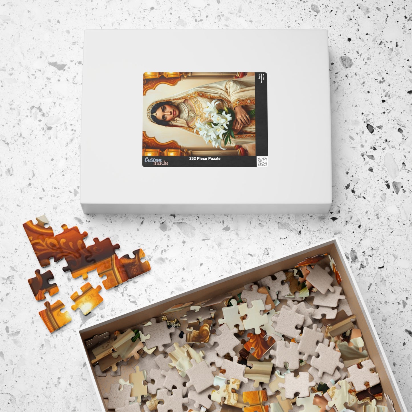 Middle Eastern Bride Puzzle with Gold Ivory Kaftan and Lanterns, Family Friendly Wedding Jigsaw Game, Mindful Activity, Puzzle Lover Gift Puzzle The Puzzle Chest