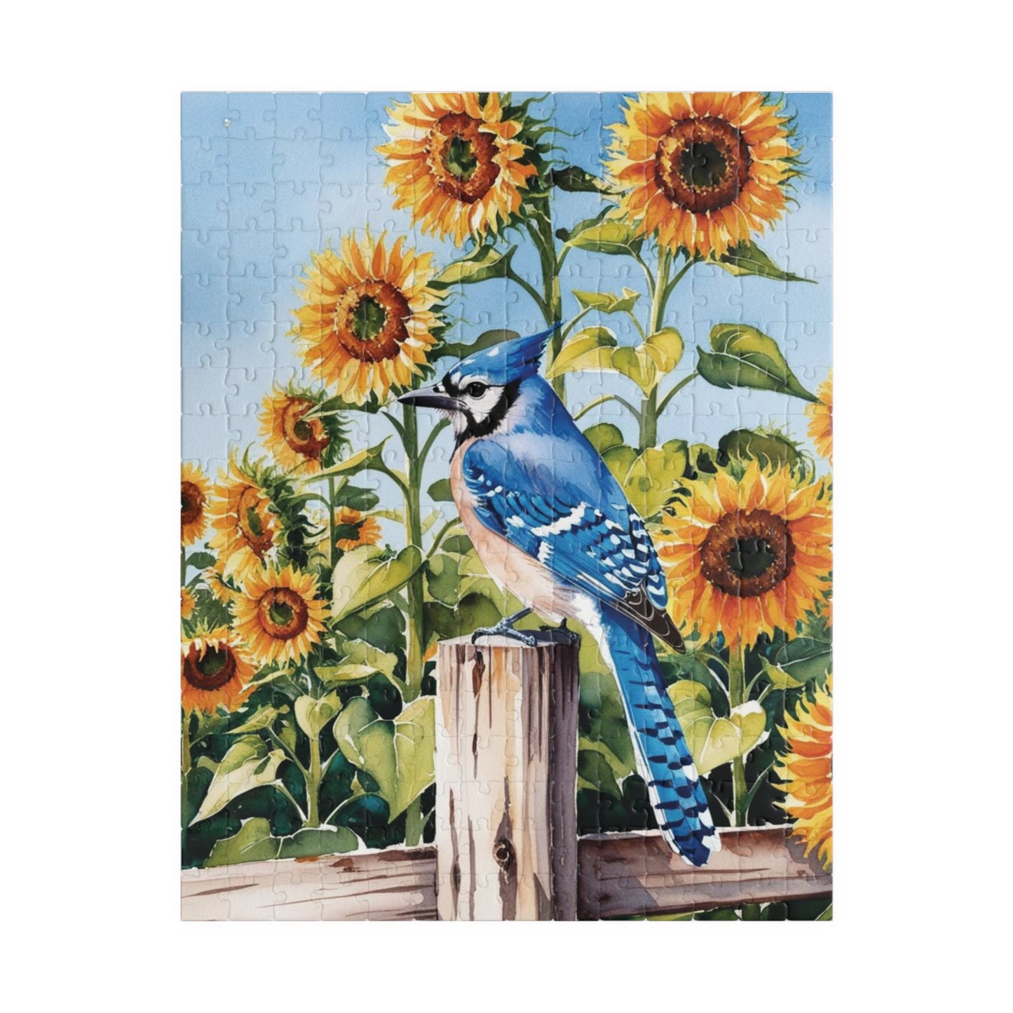 Blue Jay Sunflower Field Jigsaw Puzzle, Bird Enthusiasts Nature Lover Gift, Staycation Activity Mindfulness Stress Relief Animal Theme Game 252 pcs (Vertical) Puzzle The Puzzle Chest