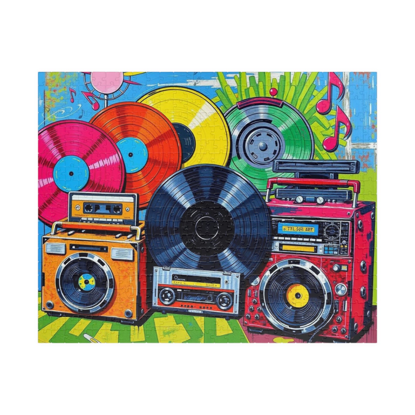 Retro Music Puzzle - Nostalgic Vinyls and Boomboxes Pop Art Jigsaw Game - Fun Family Activity, Gift for Music Lovers, Game Night 520 pcs (Horizontal) Puzzle The Puzzle Chest