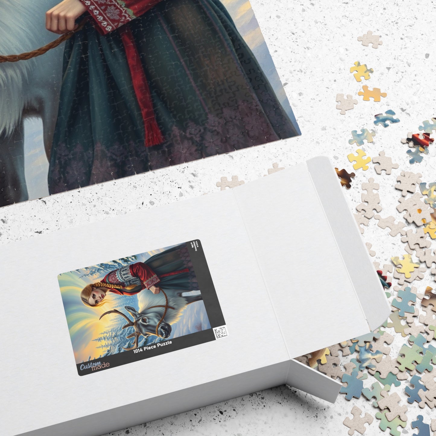 Nordic Cultural Winter Jigsaw Puzzle, Woman Guiding Reindeer Northern Lights, Sami Attire Snowy Forest, Best Unique Gift for Puzzle Lover Puzzle The Puzzle Chest