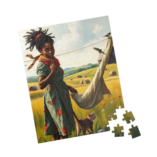 The Laundress Jigsaw Puzzle – Black Woman Hanging Laundry with Cat, Afrocentric Art, African American Artwork 110 pcs (Vertical) Puzzle The Puzzle Chest