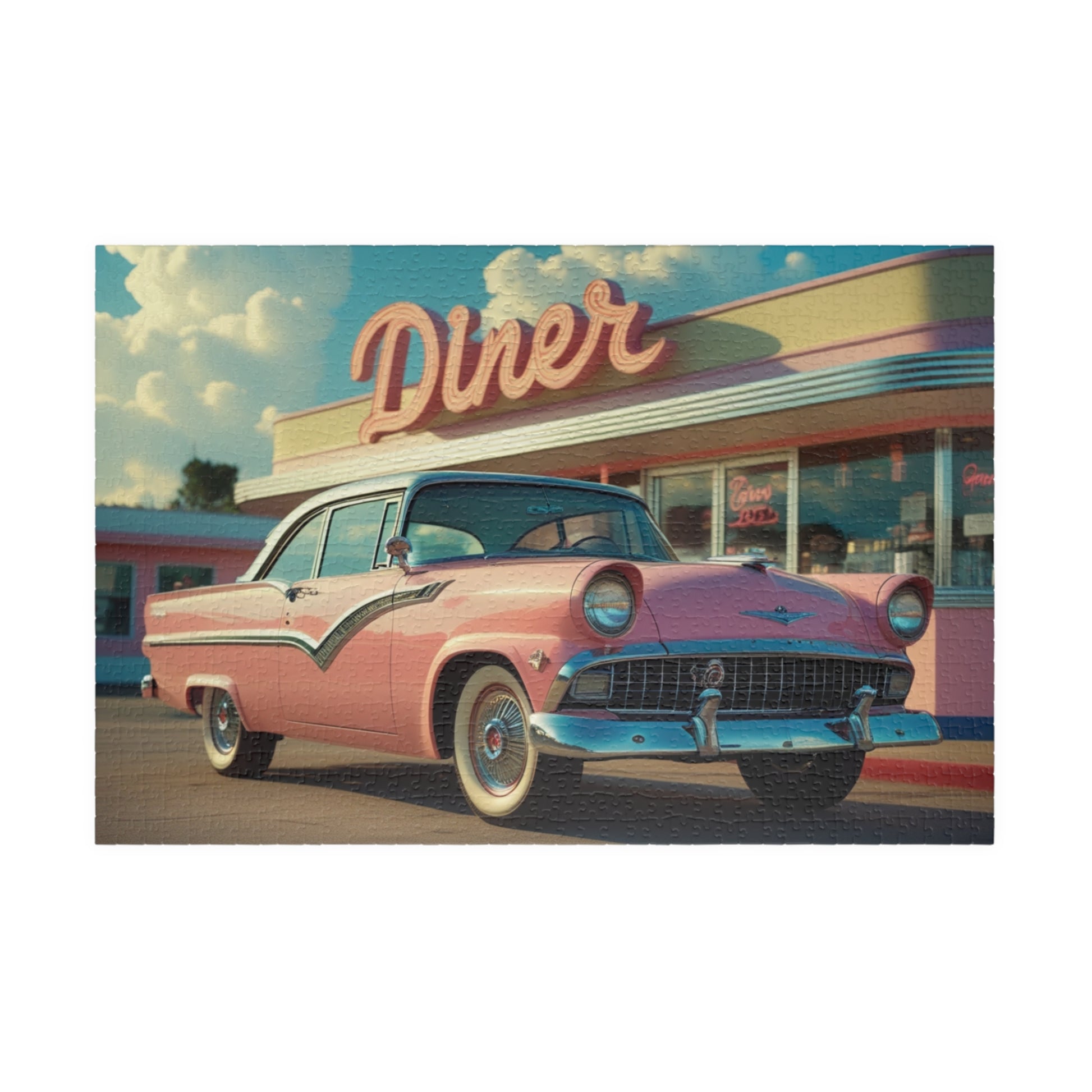 Vintage Auto Jigsaw Puzzle, 1955 Crown Victoria Retro Diner Scene, Nostalgic Auto Art 1014 pcs (Horizontal) Puzzle The Puzzle Chest