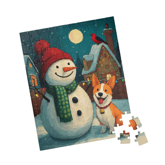 Moonlit Companions - Snowman and Dog Jigsaw Puzzle, Christmas Winter Themed Holiday Game 110 pcs (Vertical) Puzzle The Puzzle Chest