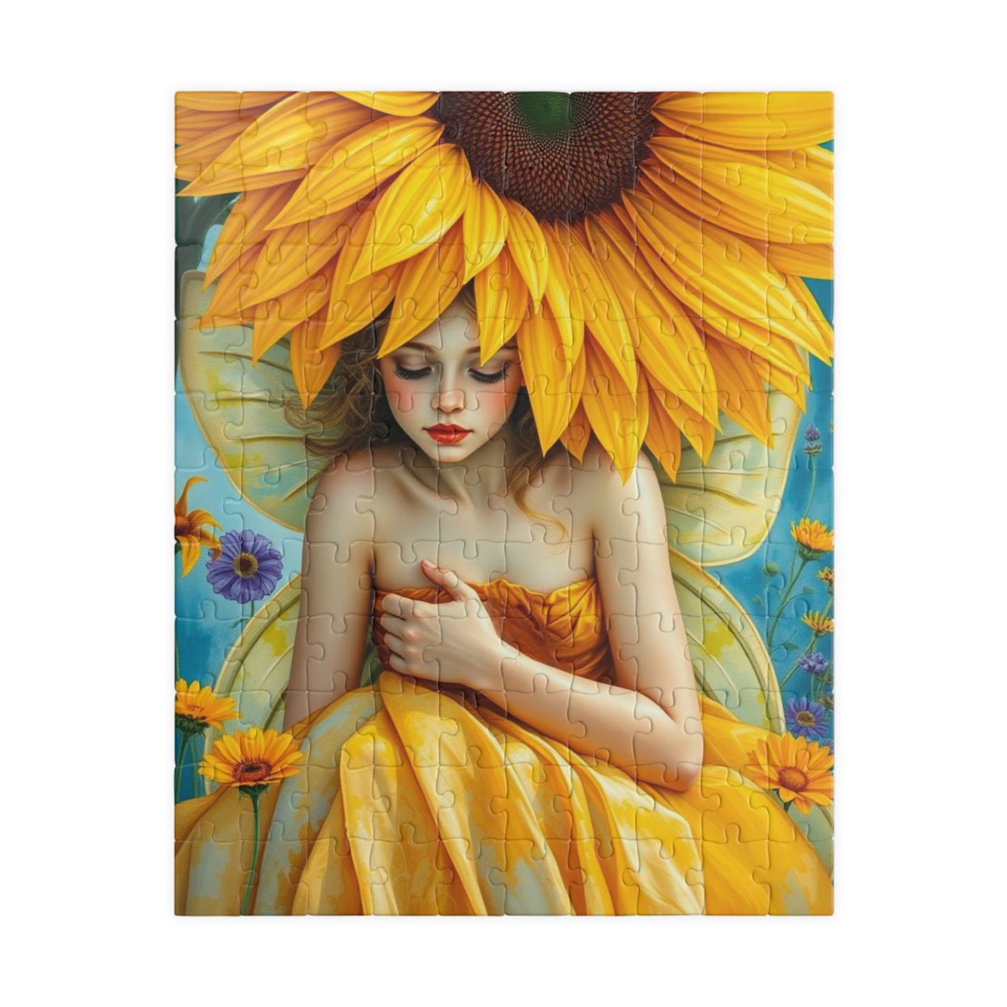 Sunflower Shade Fairy Jigsaw Puzzle, Floral Art Mythical Fantasy Game, Holiday or Birthday Gift for Friend, Decor, Mindfulness Activity