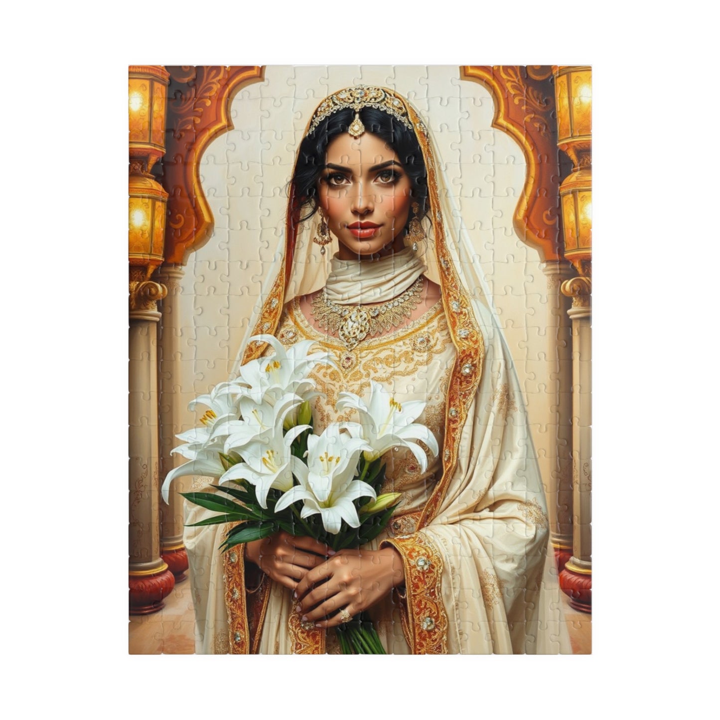 Middle Eastern Bride Puzzle with Gold Ivory Kaftan and Lanterns, Family Friendly Wedding Jigsaw Game, Mindful Activity, Puzzle Lover Gift 252 pcs (Vertical) Puzzle The Puzzle Chest