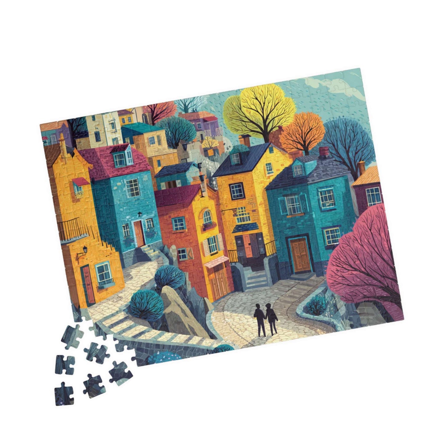 Bright Cheerful Town Jigsaw Puzzle – Artistic Houses, Winding Path, and Whimsical Neighborhood Landscape 252 pcs (Horizontal) Puzzle The Puzzle Chest