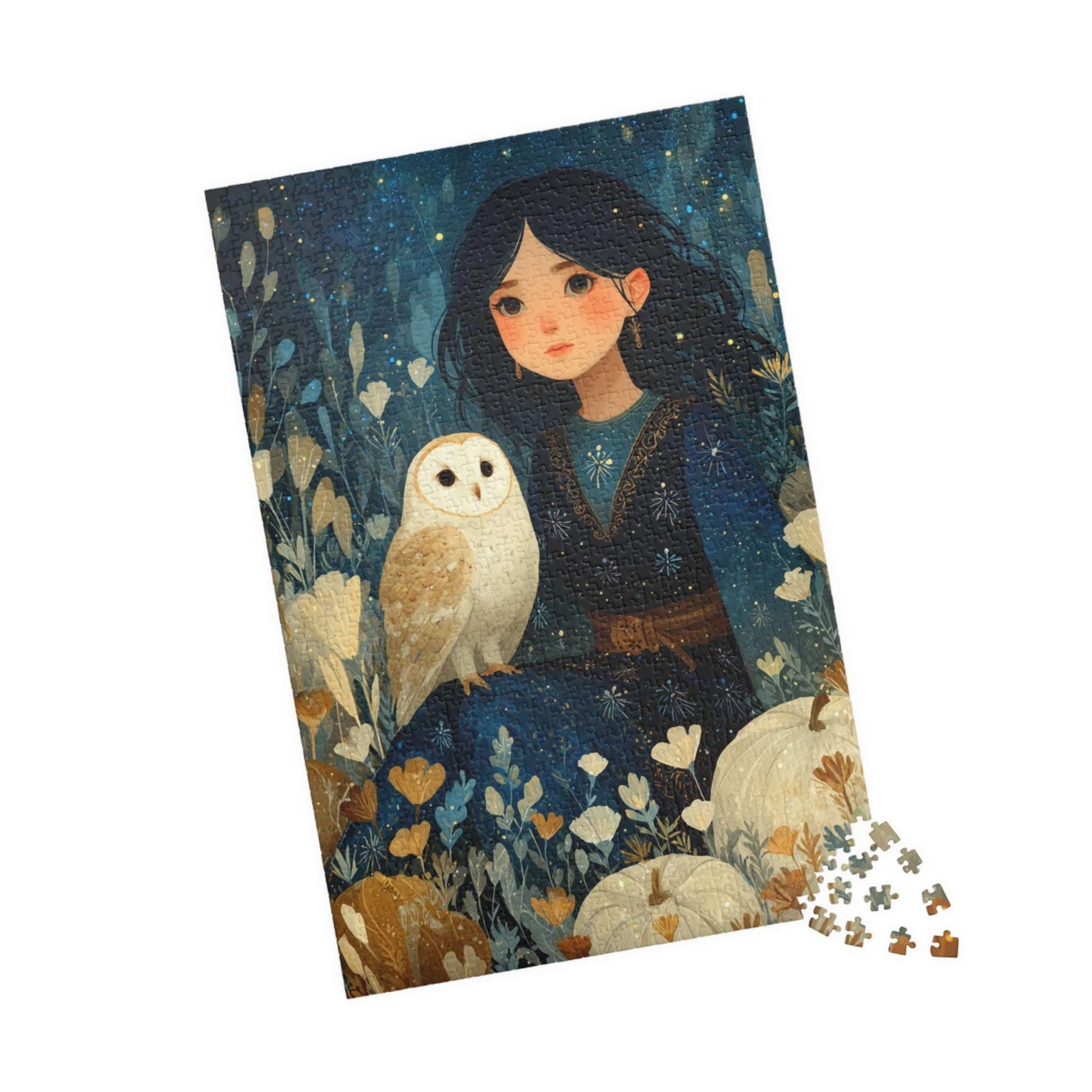 Twilight Pumpkin Grove Fairy-Tale Puzzle - Dark Haired Girl and Wise Owl, Nature Lovers Gift, Family Activity, Home Entertainment 1014 pcs (Vertical) Puzzle The Puzzle Chest