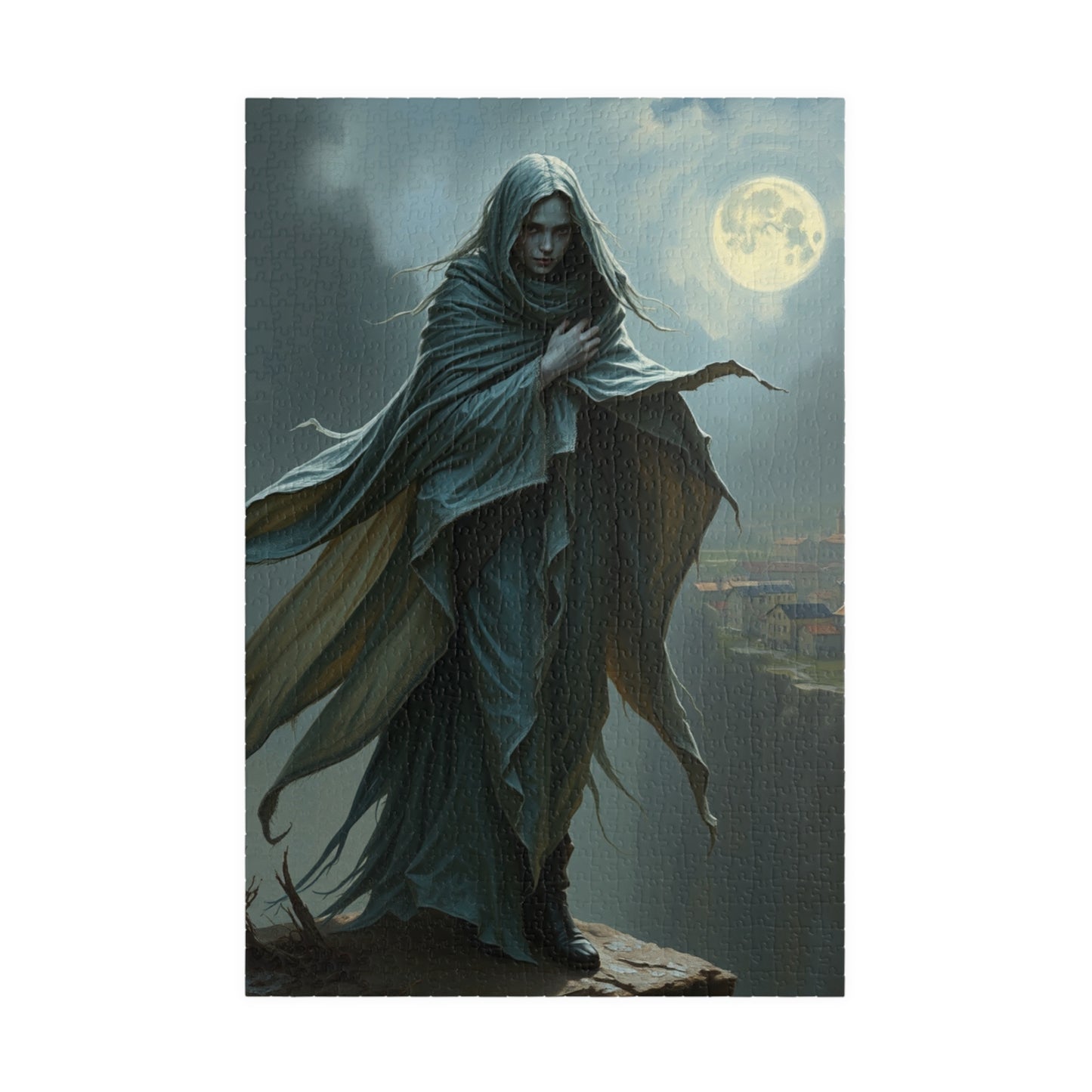 Gothic Puzzle, Banshee Design 110-1014 Piece Jigsaw, Moonlit Village Windswept Cliff Silver Gray Shroud, Unique Gift Idea, Relaxing Activity 1014 pcs (Vertical) Puzzle The Puzzle Chest