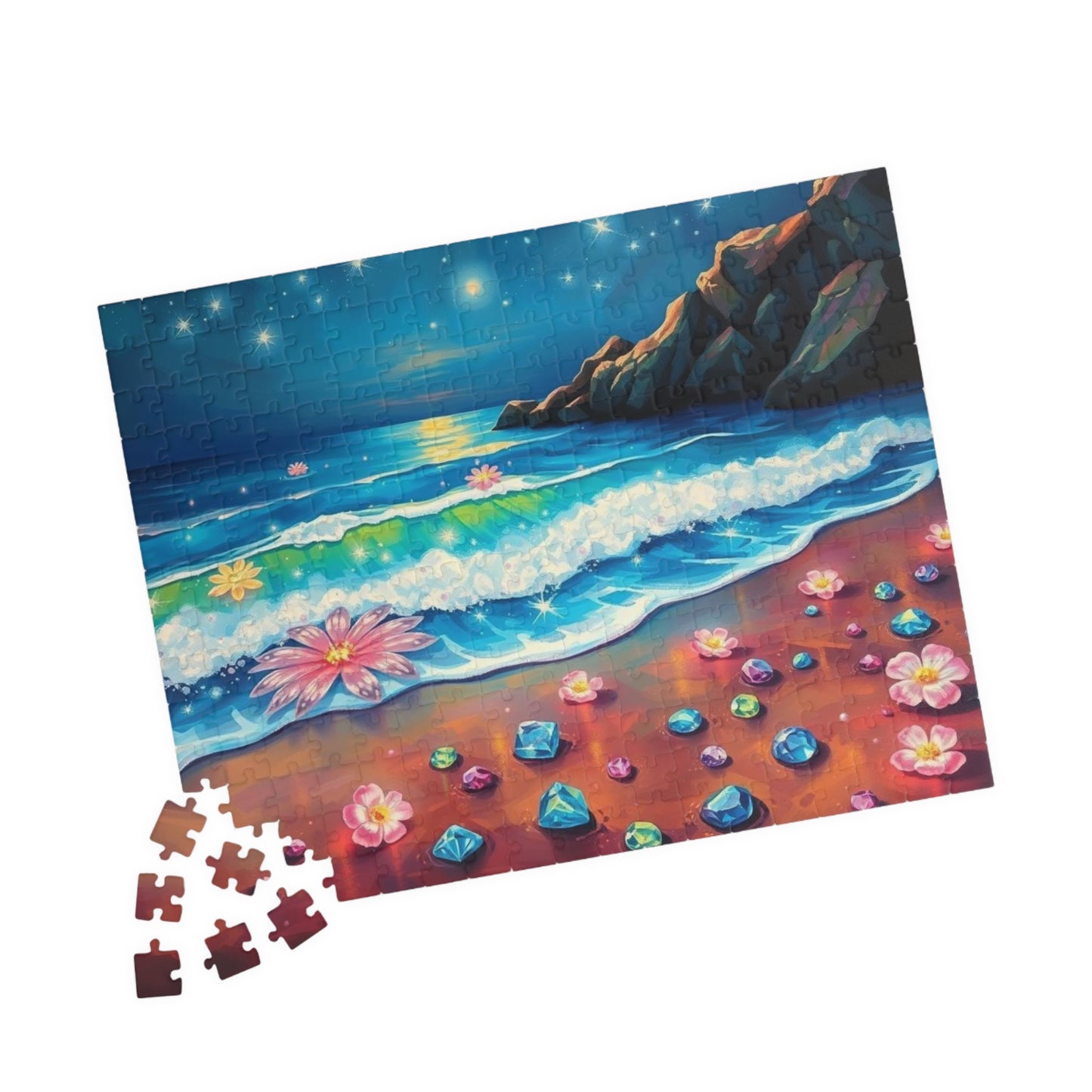 Lotus Shoreline Dreams - Surreal Beach Jigsaw Puzzle with Gems and Water Lilies, Gift for Ocean Lover, Coastal Home Décor, Family Activity Puzzle The Puzzle Chest