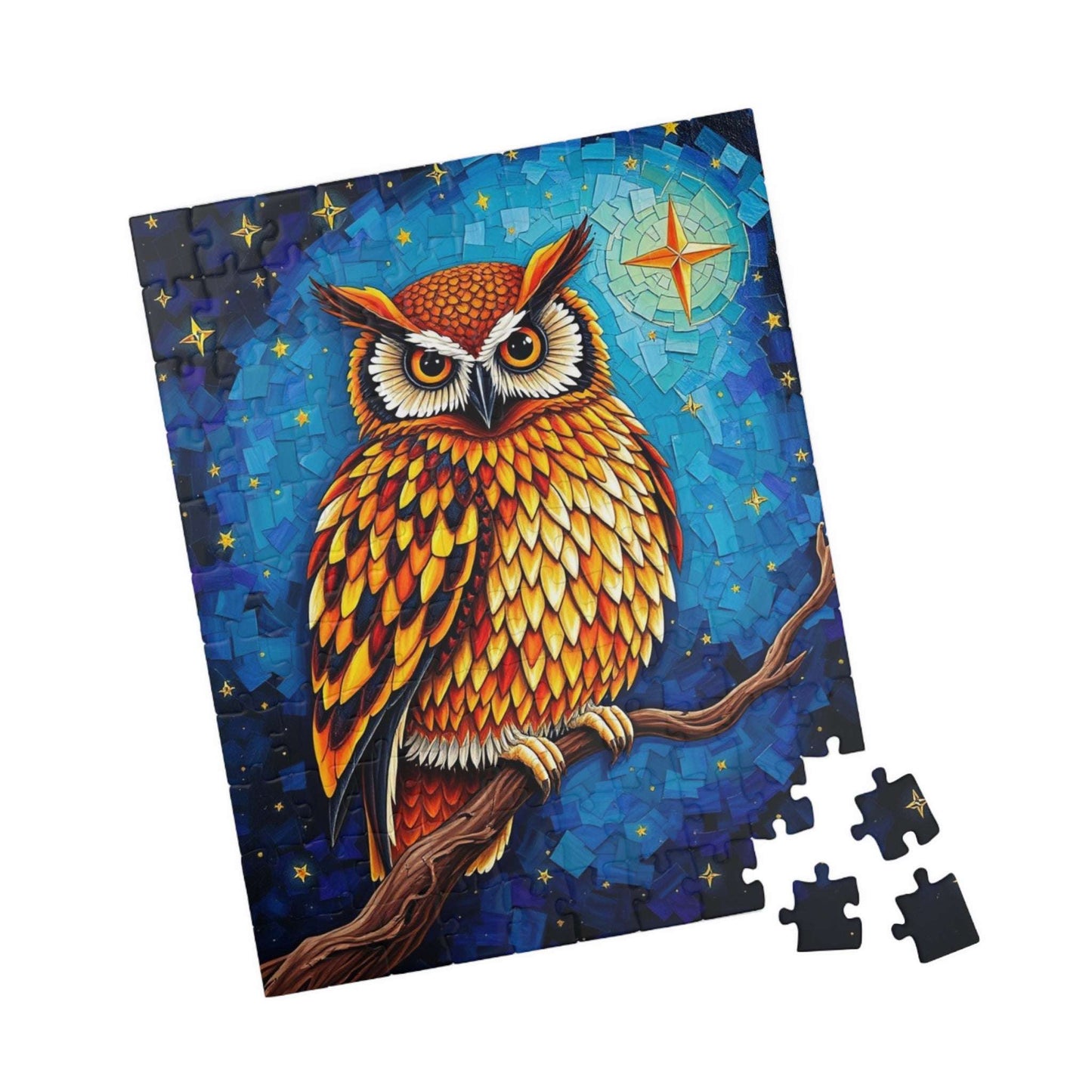 Mosaic Wise Owl Jigsaw Puzzle, Hooter Night Bird Perched on Tree Branch, Starry Sky Background, 110-1014 Piece, Animal Lover Gift, Mindful Puzzle The Puzzle Chest